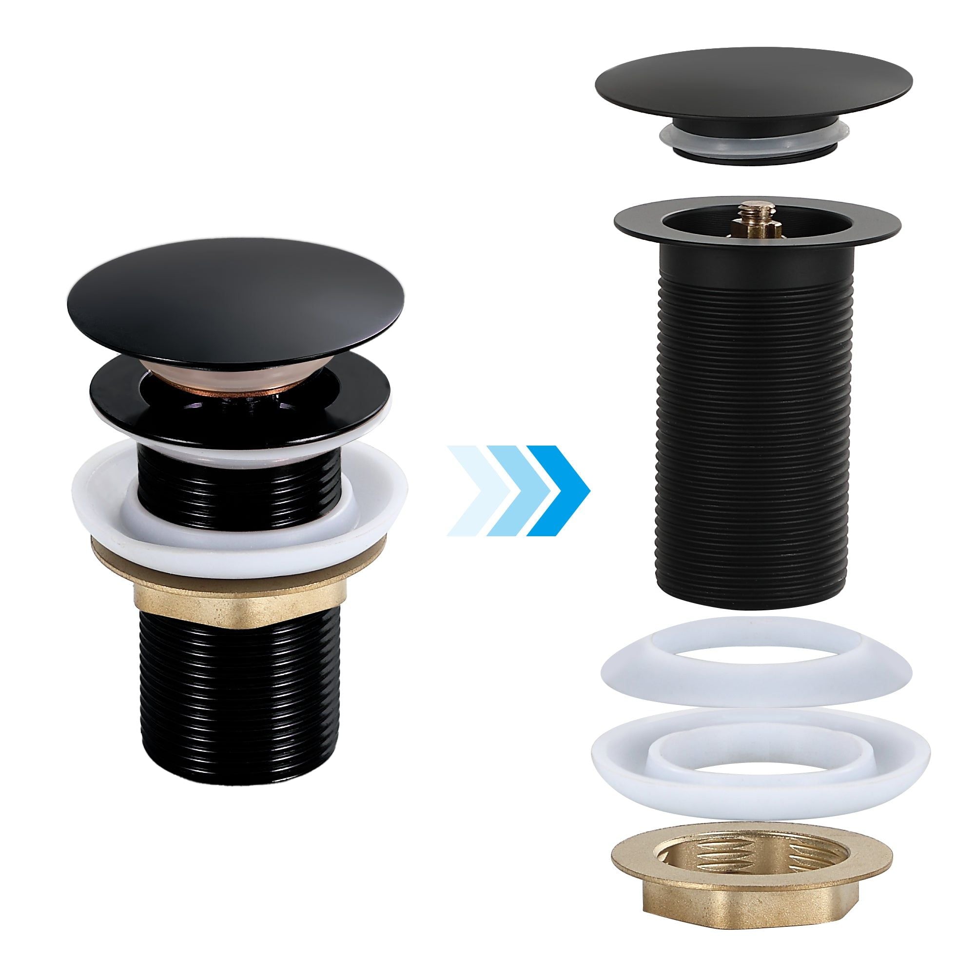 Bonde Pop-Up noir mat: Assemblage d'un drain de lavabo noir mat avec pièces détachées.