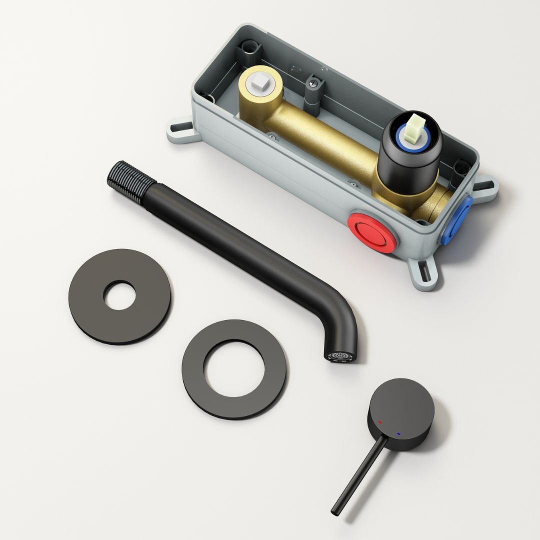 Robinet à bec encastré thermostatique noir mat:  Components of a matte black thermostatic built-in faucet, showing internal mechanism and external parts.