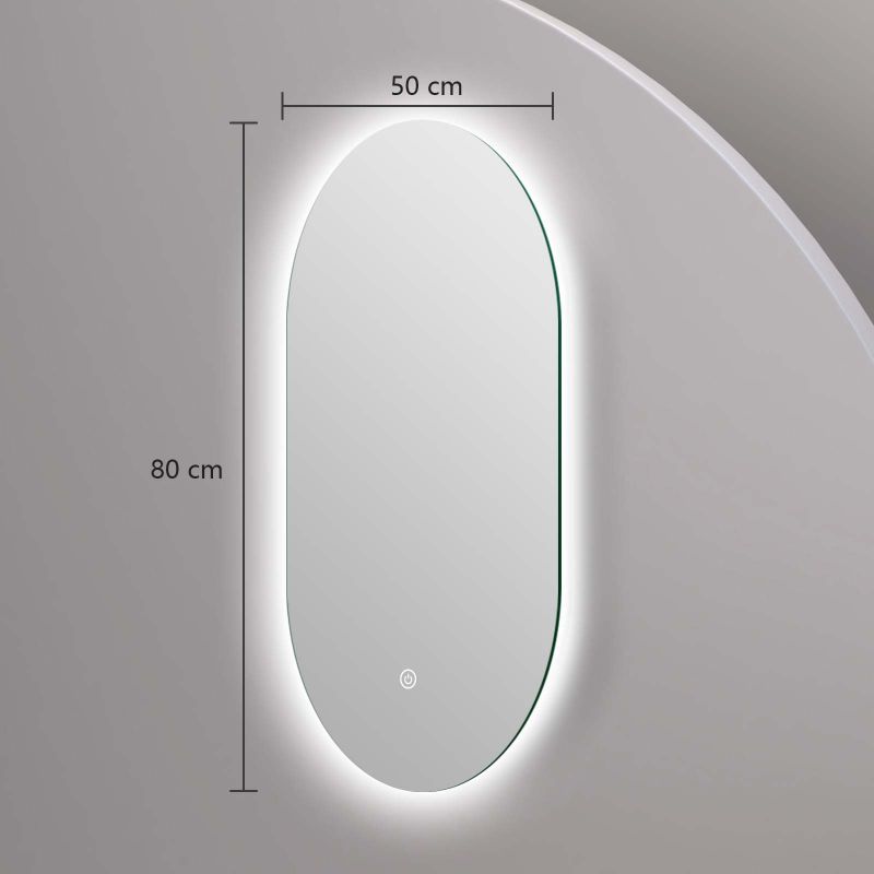 Miroir ovale LED 50x80cm : Élégant miroir de salle de bain ovale éclairé, de 50 cm de large et 80 cm de haut, avec éclairage LED intégré.