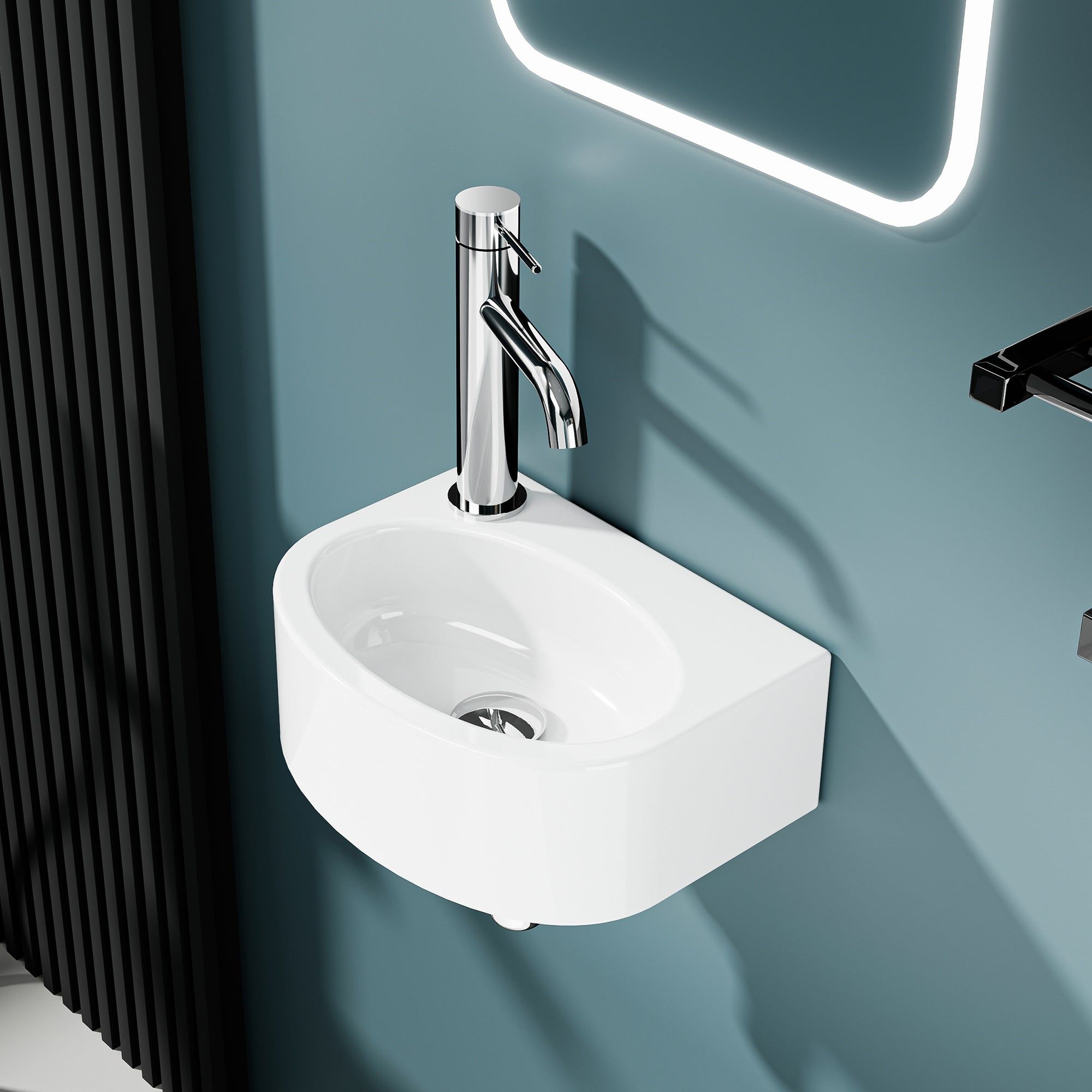 Robinet mural blanc avec lavabo intégré de petit format en céramique LINO.