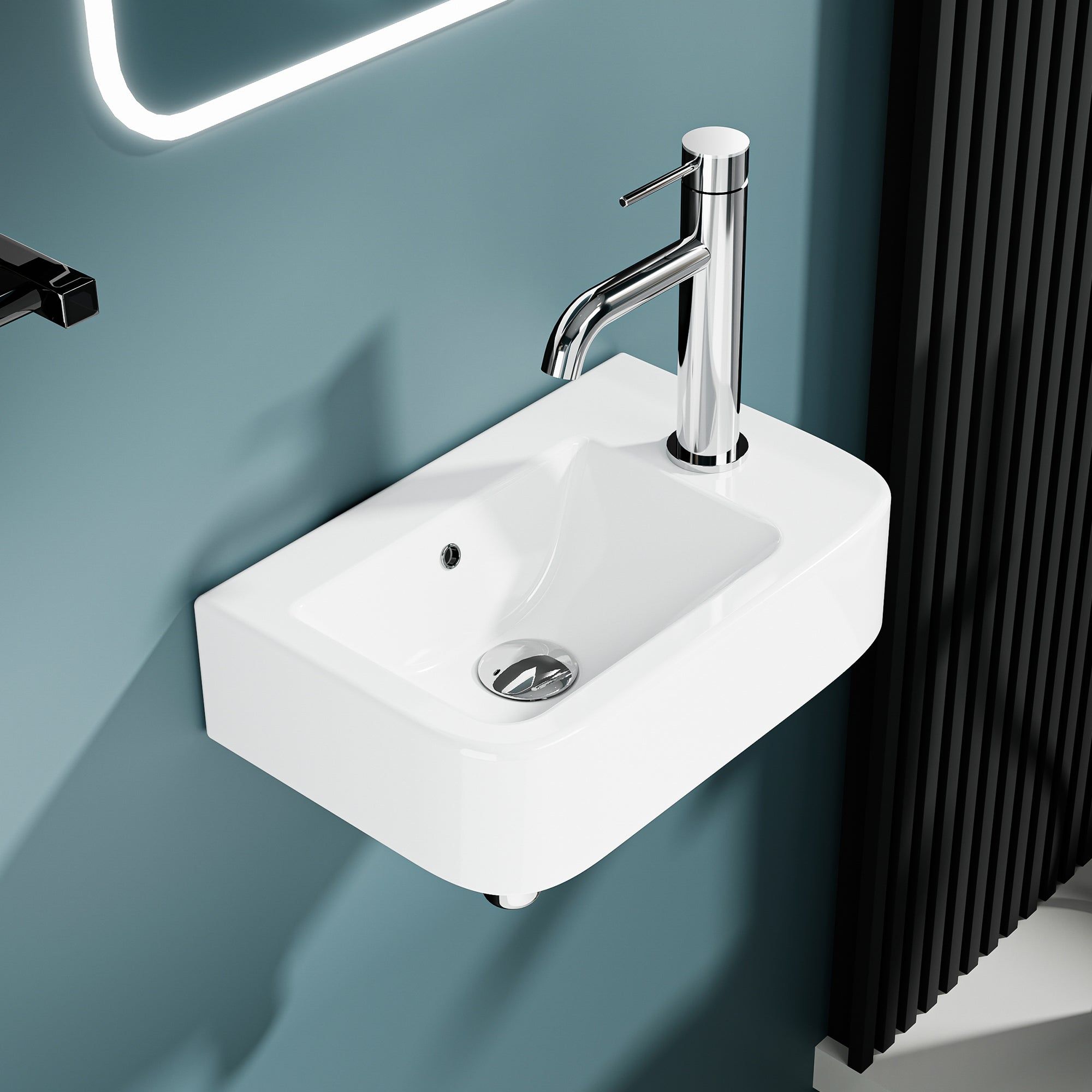 Lavabo mural blanc compact avec robinet droit en céramique, dimensions 37x24,5 cm.