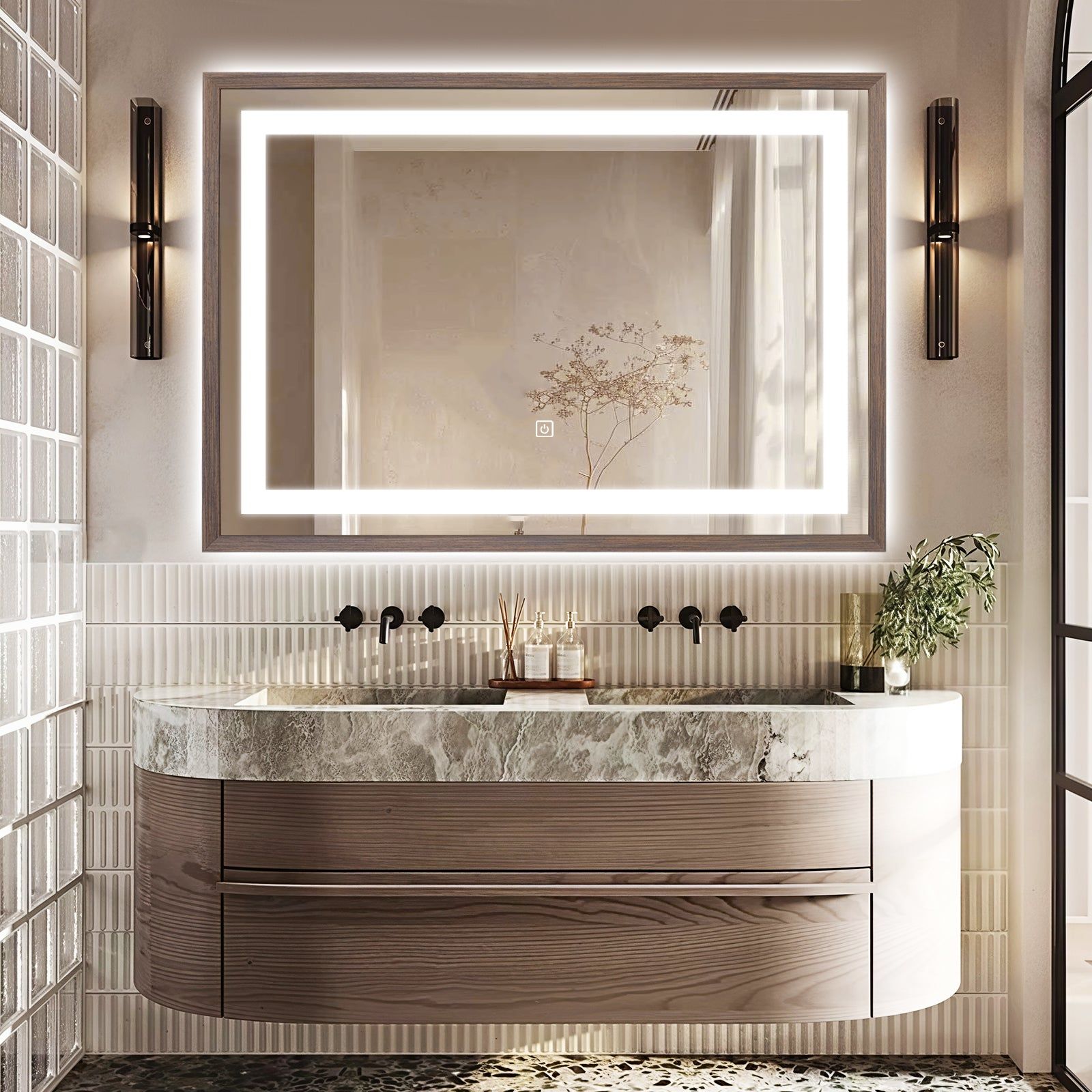 Miroir lumineux LED avec cadre bois Noyer foncé veinage naturel