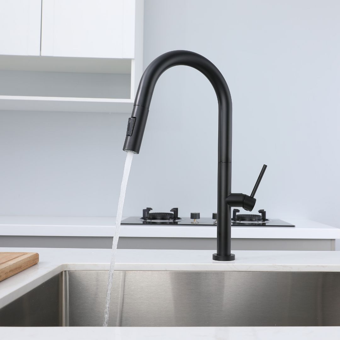 Robinet de cuisine noir mat à tirette avec bec à arc élevé, offrant une fonction de pulvérisation pratique pour un nettoyage facile.