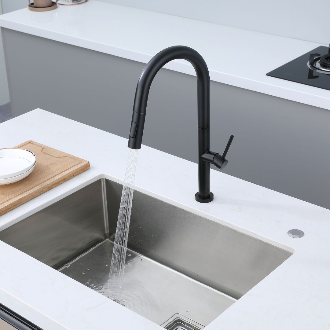 Robinet de cuisine rétractable noir mat avec pulvérisateur : conception moderne et élégante pour un nettoyage facile de la cuisine.