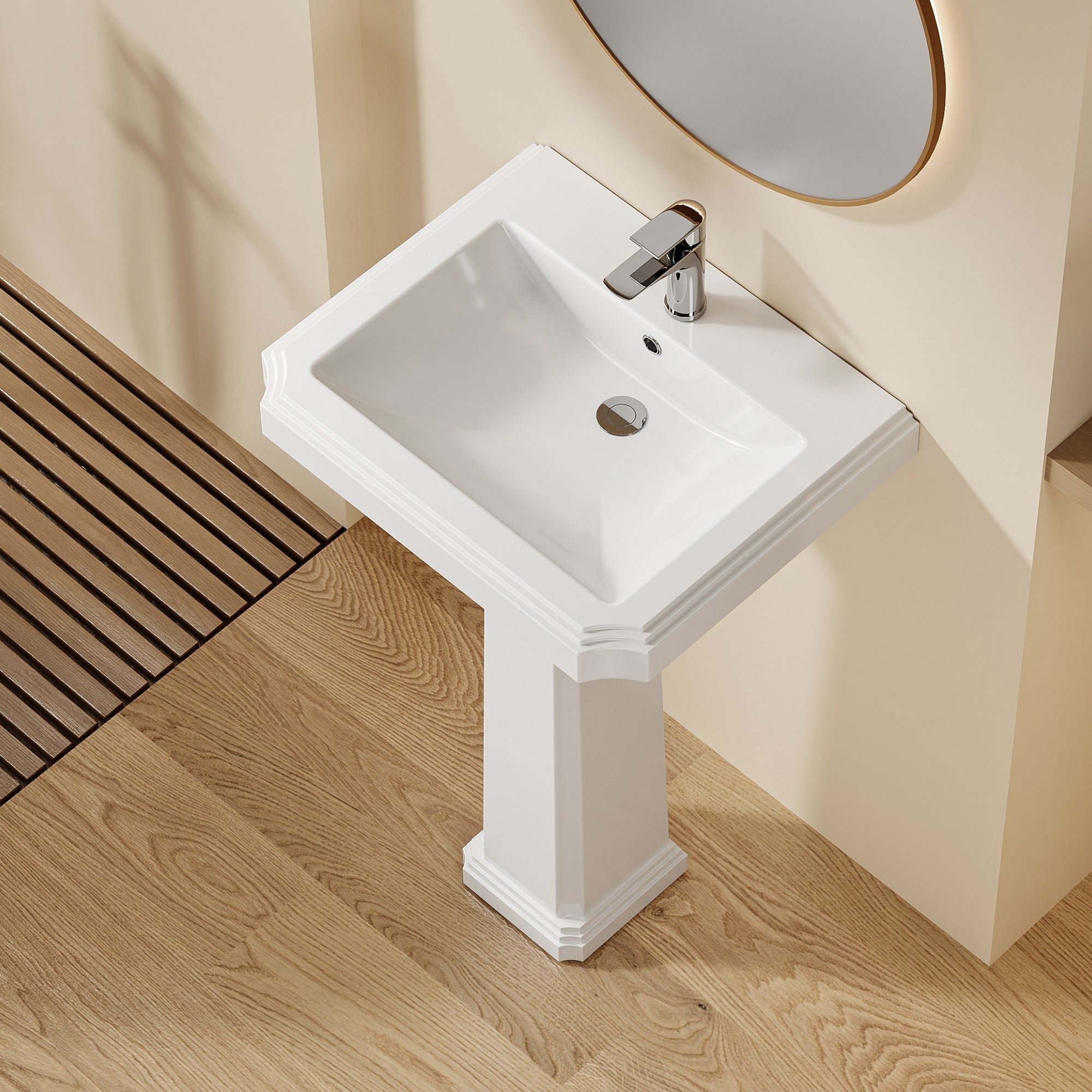 Lavabo colonne sur pied Chelsea Retro Blanc: élégant lavabo en céramique blanche avec robinetterie chromée