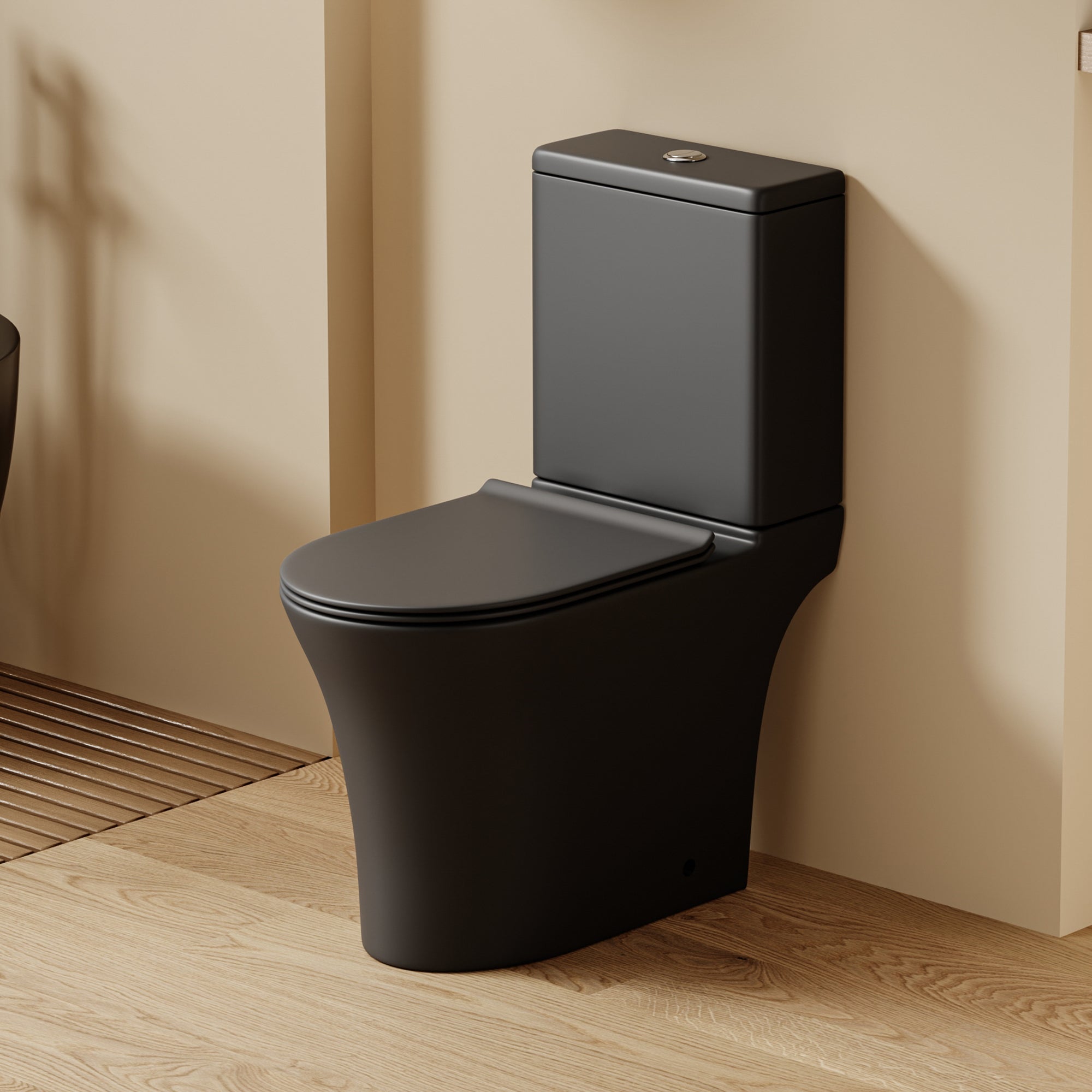 WC à poser noir design rectiligne TUFO, sortie horizontale.