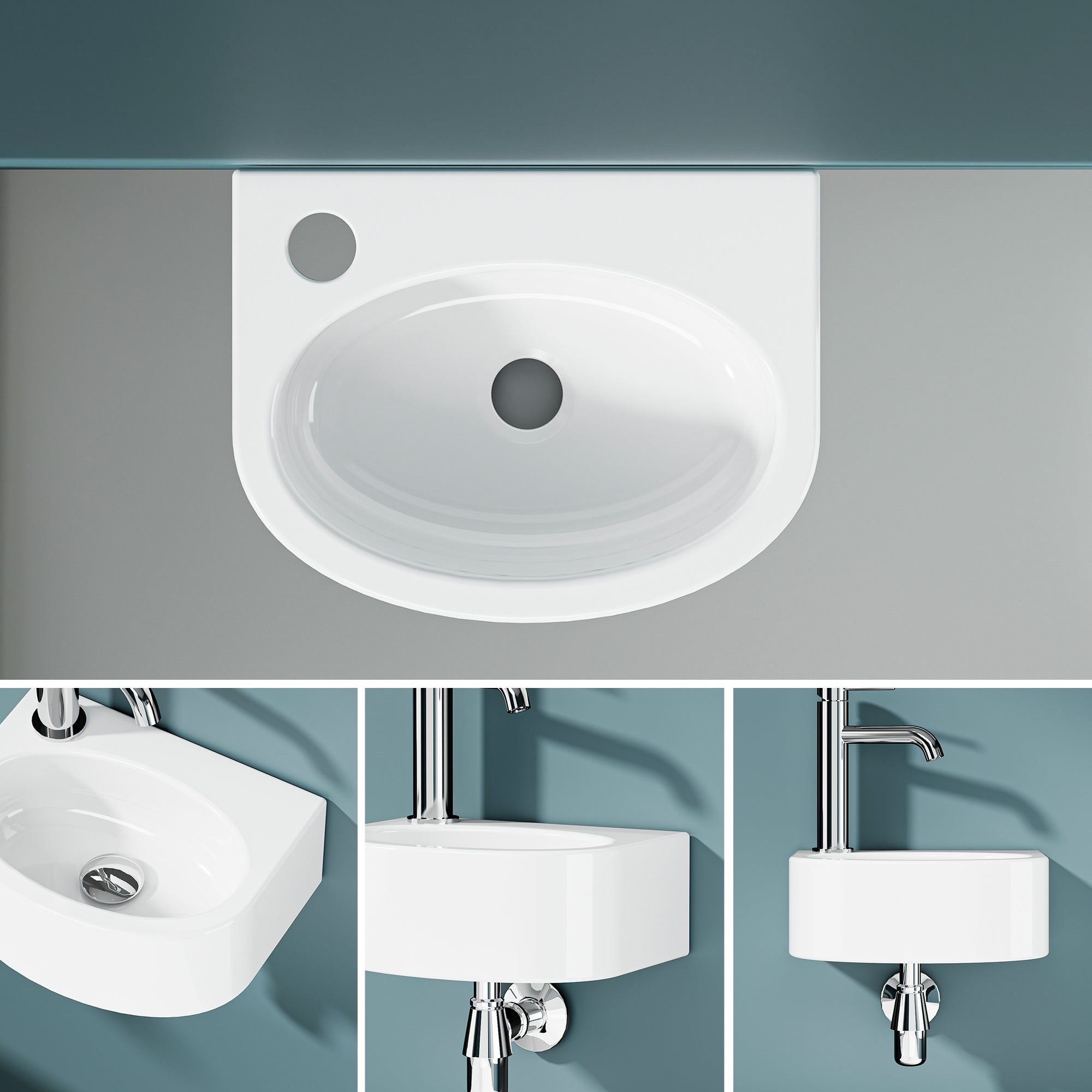 Lave-mains murale petit format en céramique blanche avec sortie gauche, vues multiples.
