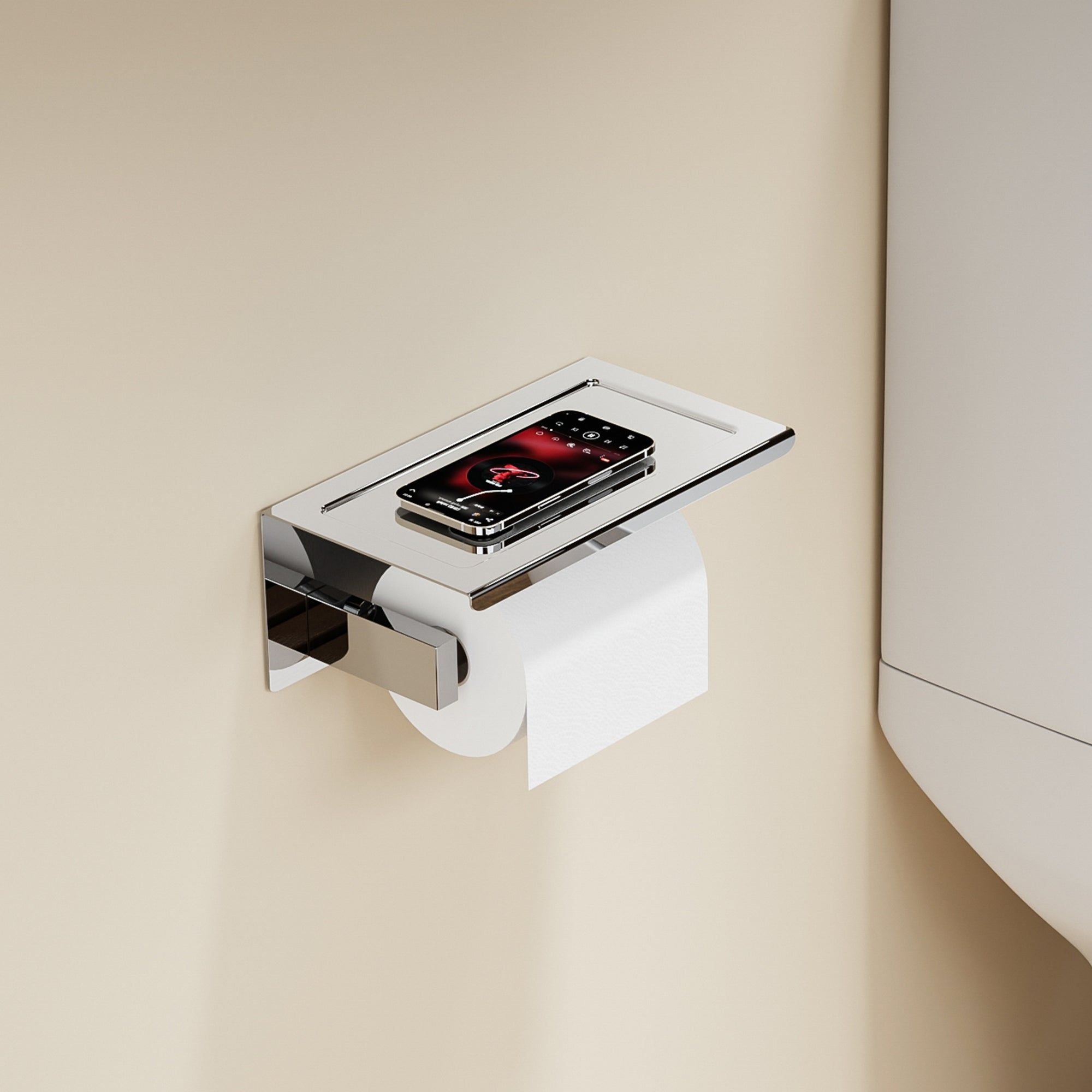 Porte-rouleau papier toilette chromé avec étagère pour téléphone
