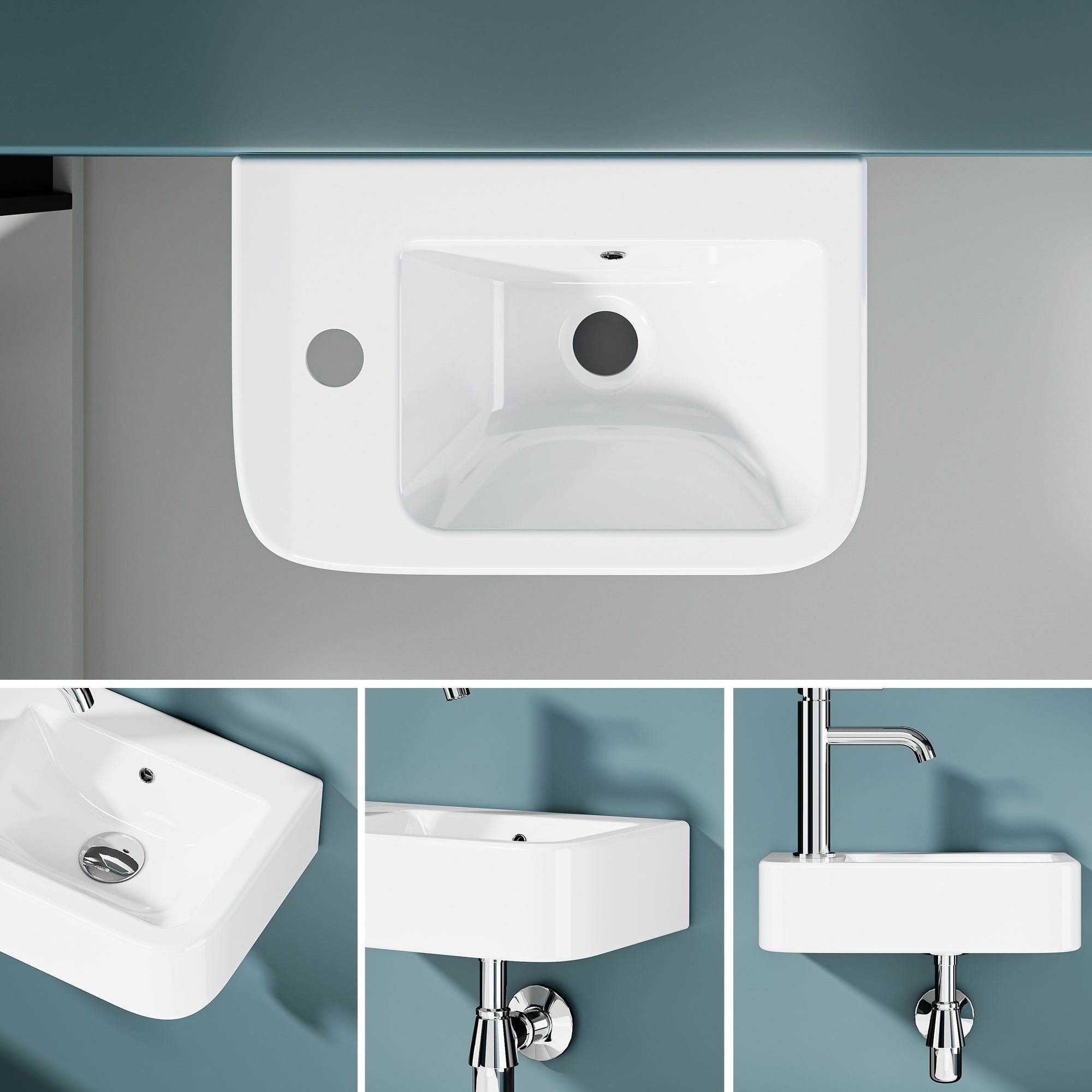 Lave-mains compact BRUNO en céramique blanche, sortie gauche, 37x24,5cm, vue de dessus et de côté.