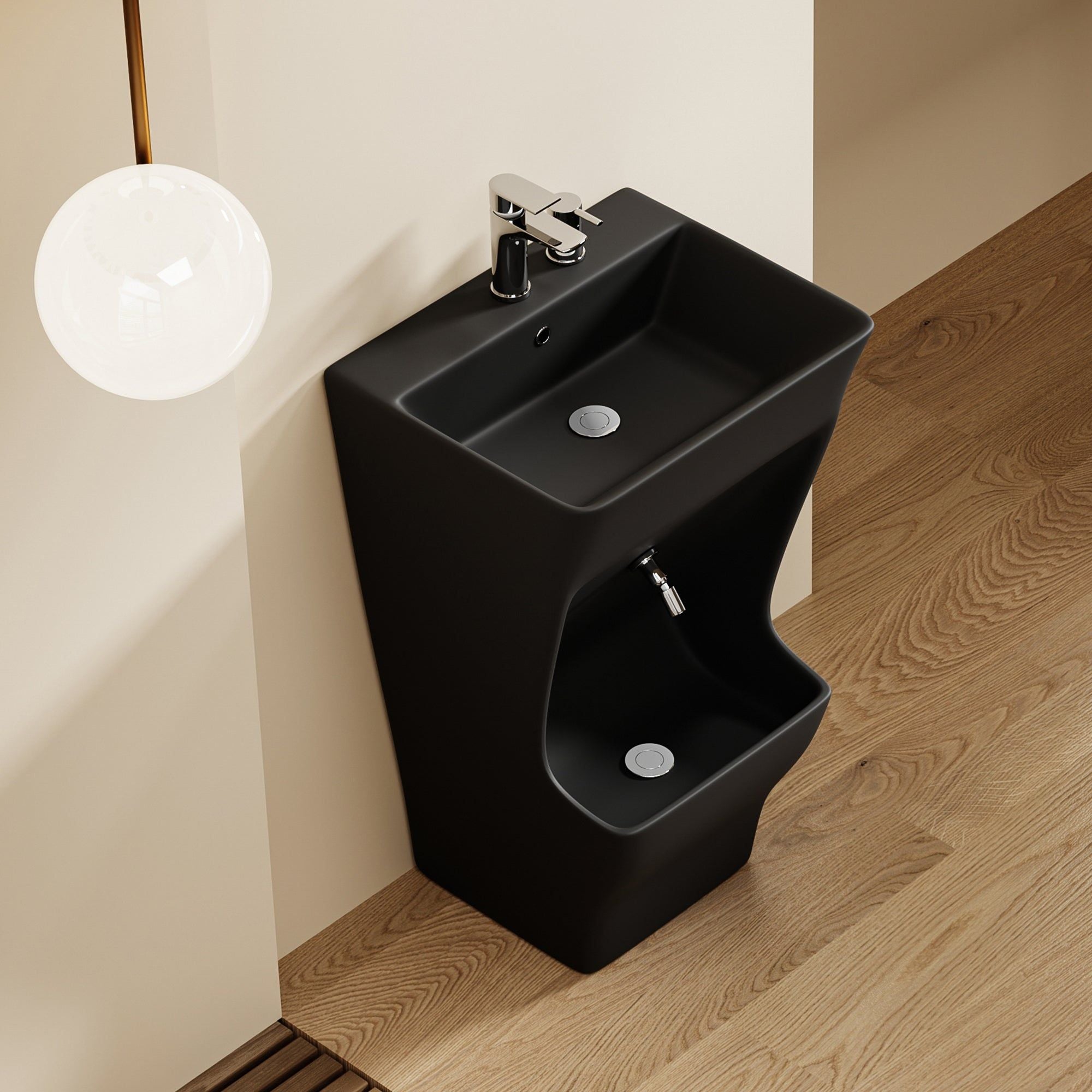 Lavabo d'ablutions Tunis rectangulaire noir avec double vasque et robinet chromé.