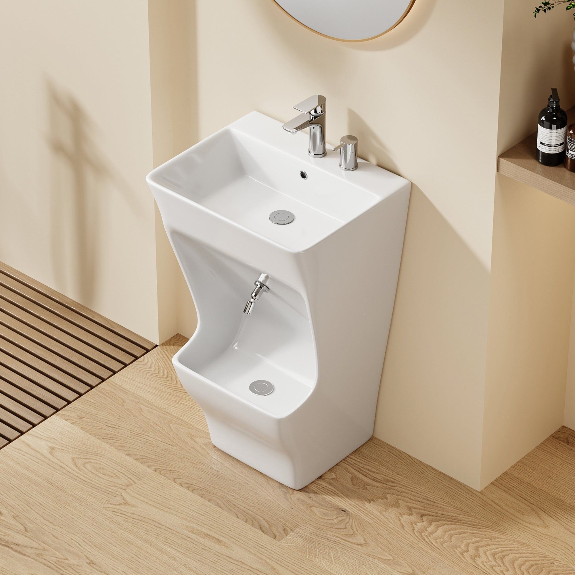 Lavabo d'ablutions Tunis - Design rectangulaire blanc moderne avec bassin inférieur intégré.