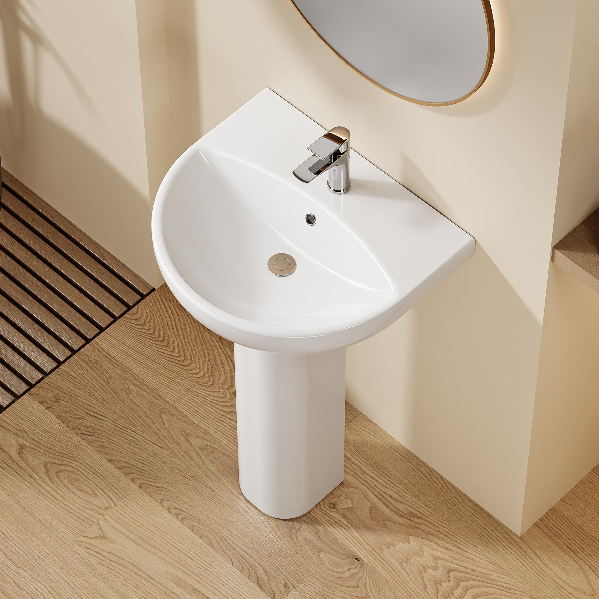 Lavabo sur pied colonne en céramique blanche, design arrondi moderne