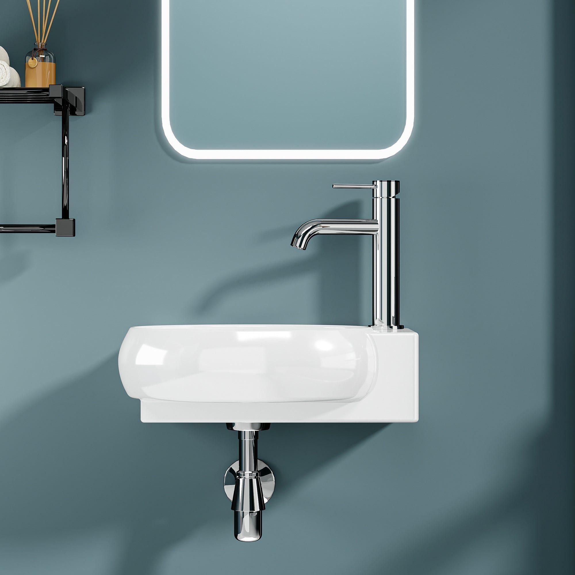 Vasque lave-mains blanc sortie droite murale 43x29x15 cm