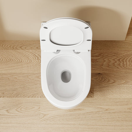 Vue de dessus d'un WC suspendu blanc SOLEIL design moderne, dimensions 49x36,5x32 cm, avec abattant Soft Close.