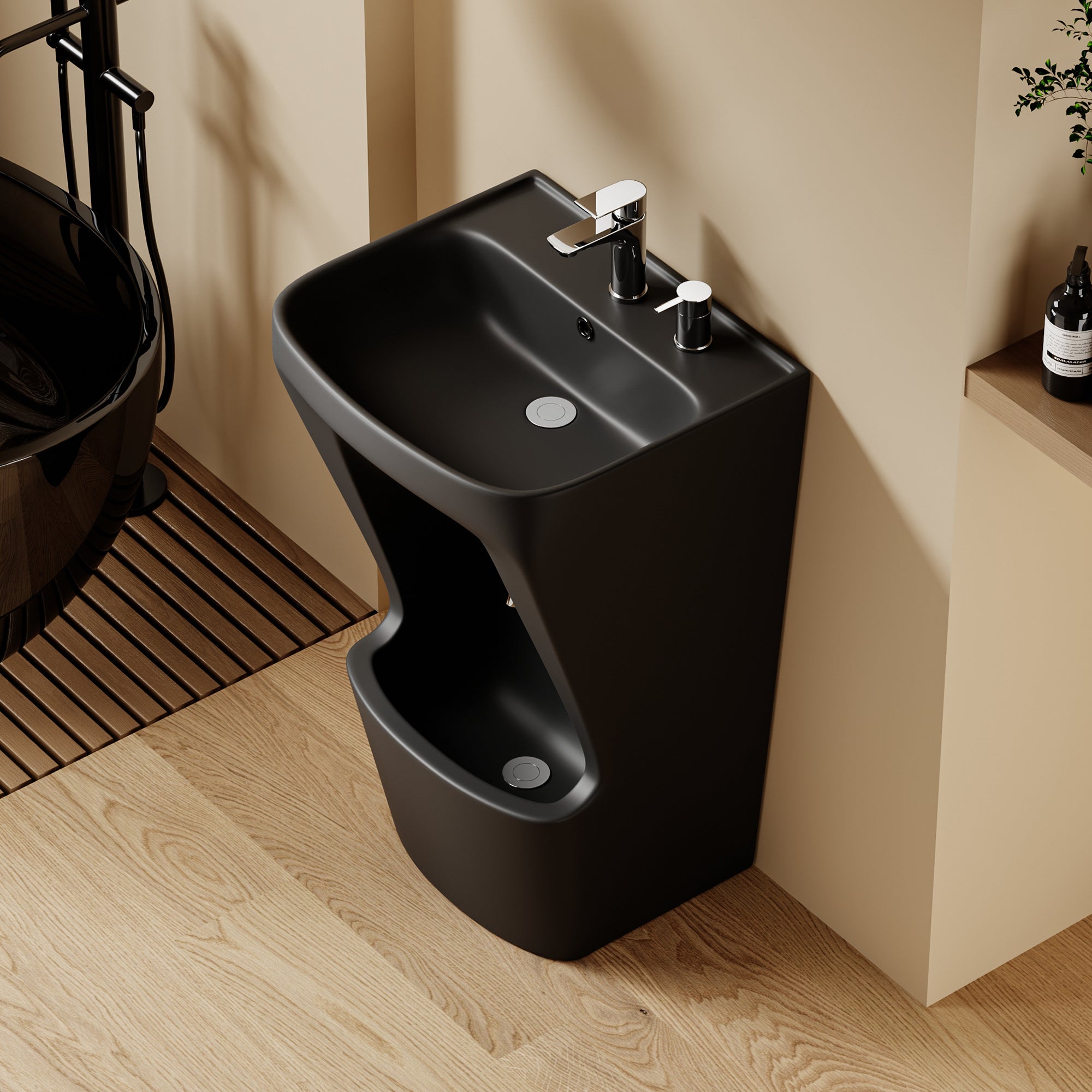 Lavabo d’ablutions GAZA noir au design moderne avec double vasque et robinetterie chromée.