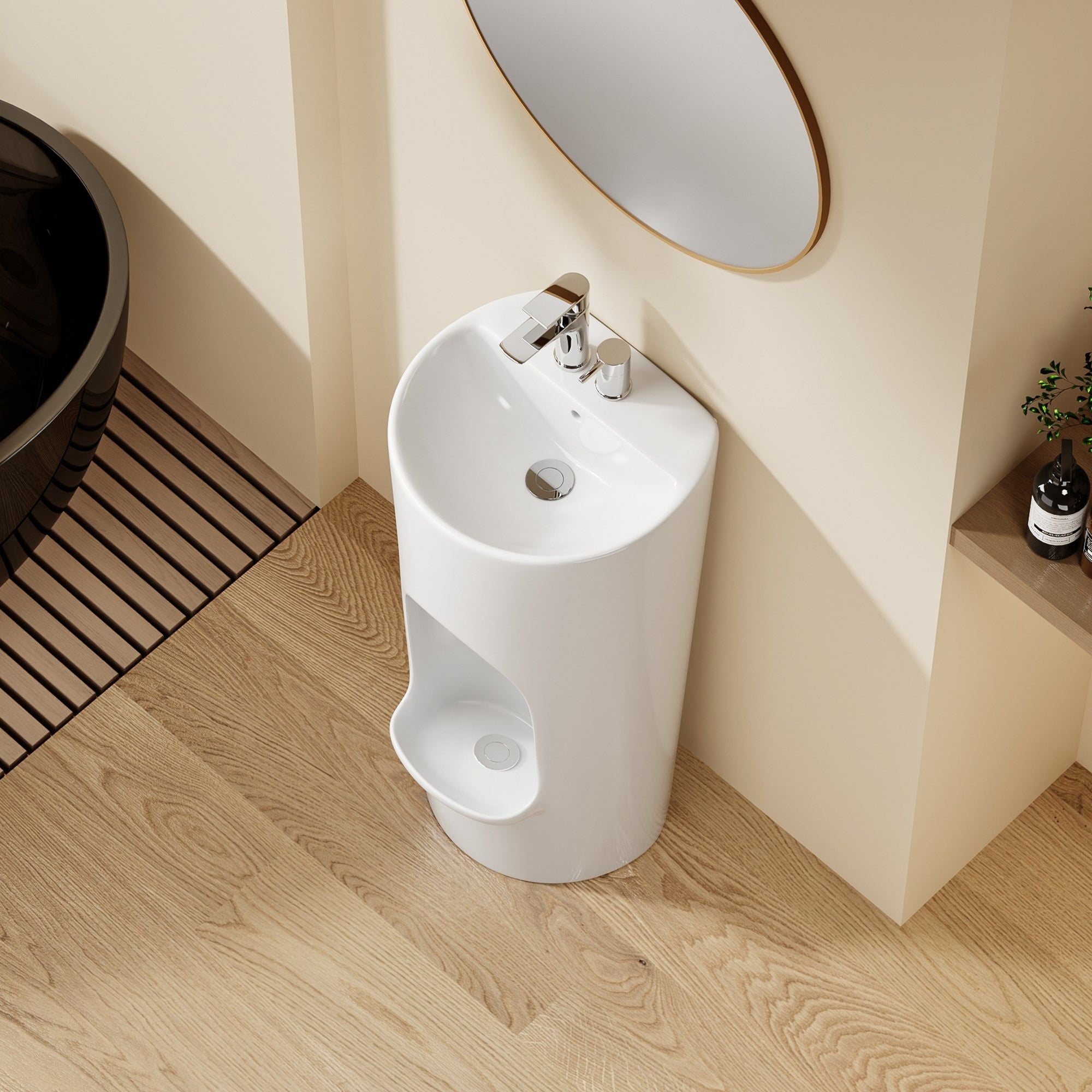 Lavabo d'ablutions Riyad blanc, design rond et fin, en céramique, avec robinetterie chromée.