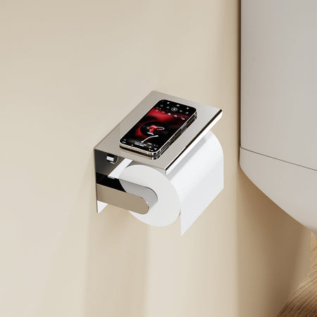 Porte-rouleau de papier toilette design en chrome poli avec tablette pour téléphone