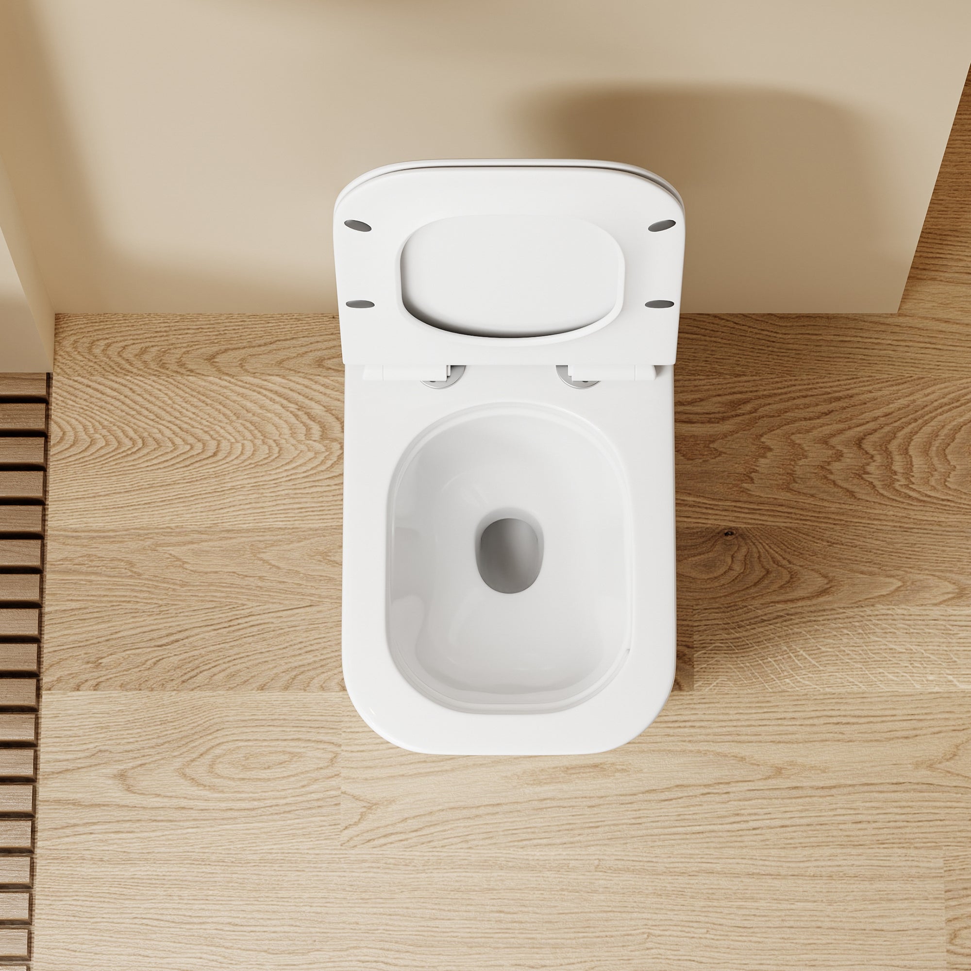 Vue de dessus d'un WC suspendu blanc LUNE, carré arrondi, avec abattant Soft Close.
