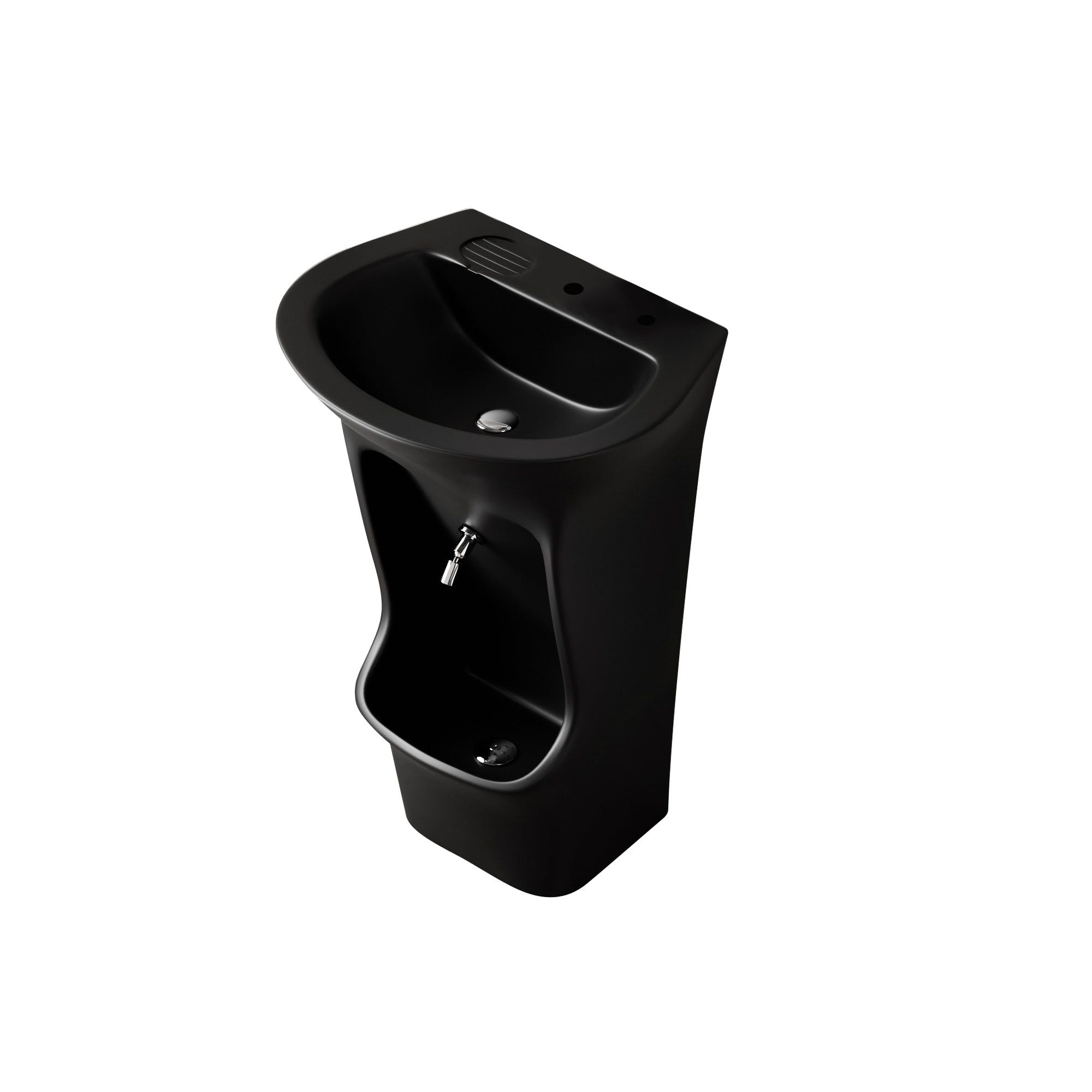 Lavabo sur pied noir avec lave-pieds intégré, idéal pour les ablutions.
