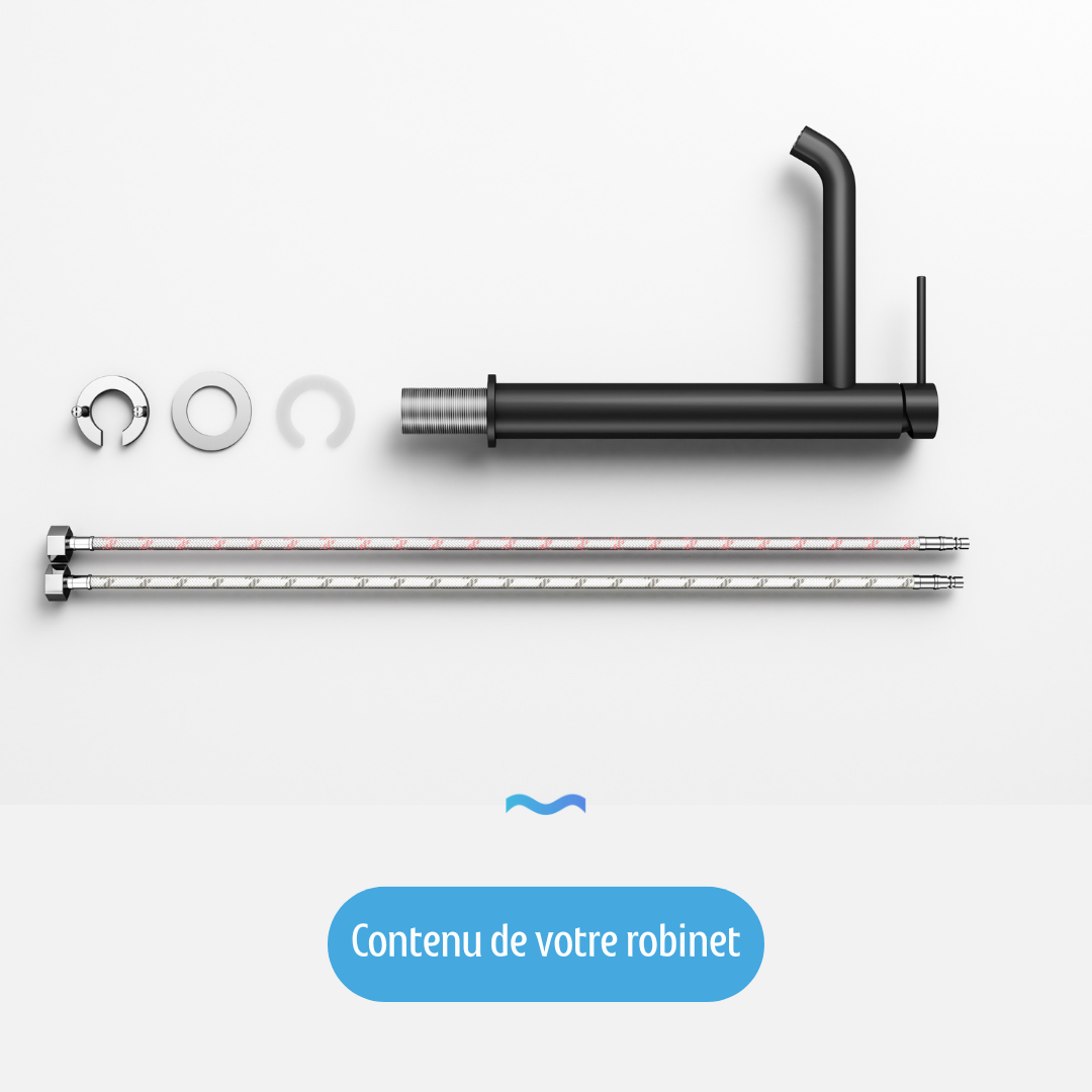 Robinet à bec haut couleur noir mat:  Black matte high-spout faucet with installation parts