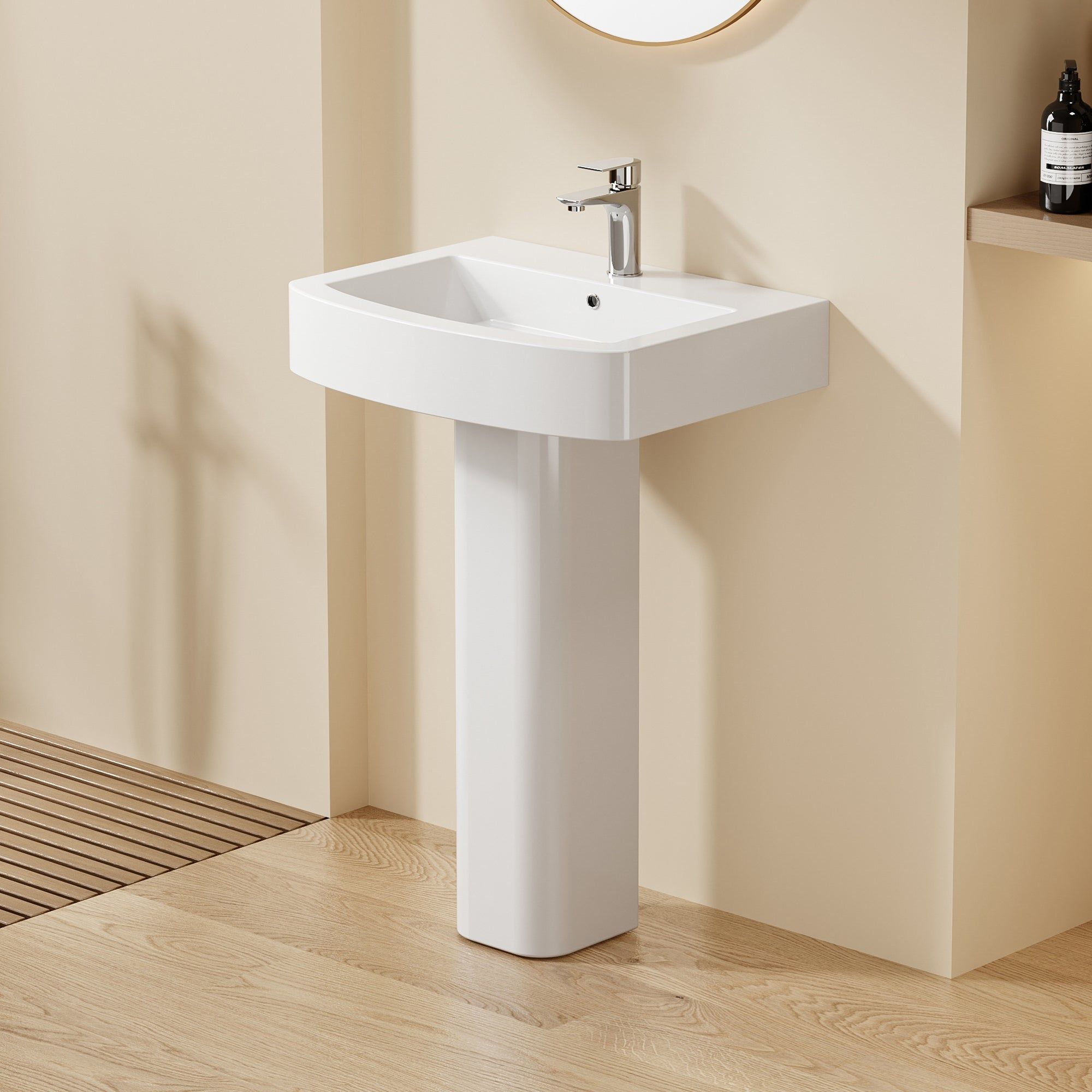 Lavabo colonne sur pied blanc, design carré aux bords arrondis, en céramique
