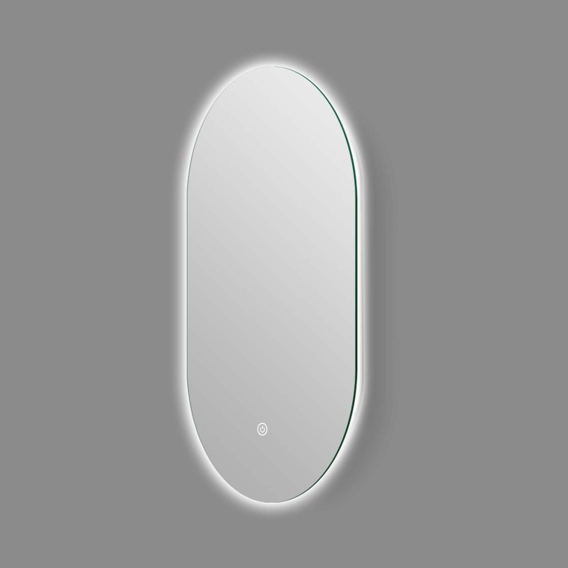 Miroir ovale LED 50x80cm : Élégant miroir de salle de bain ovale éclairé par LED, 50x80cm, design moderne.