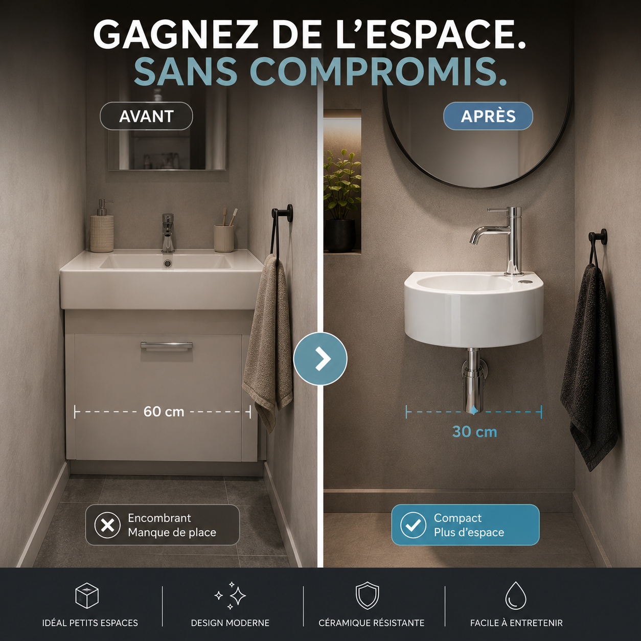 Comparaison avant/après : vasque lave-mains LINO 30cm vs meuble 60cm, gain de place.