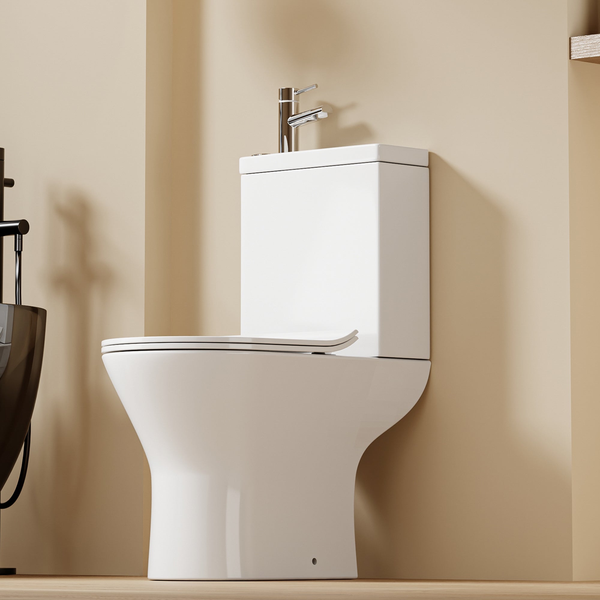 WC à poser avec lave-mains intégré 2-en-1 sans bride sortie horizontale