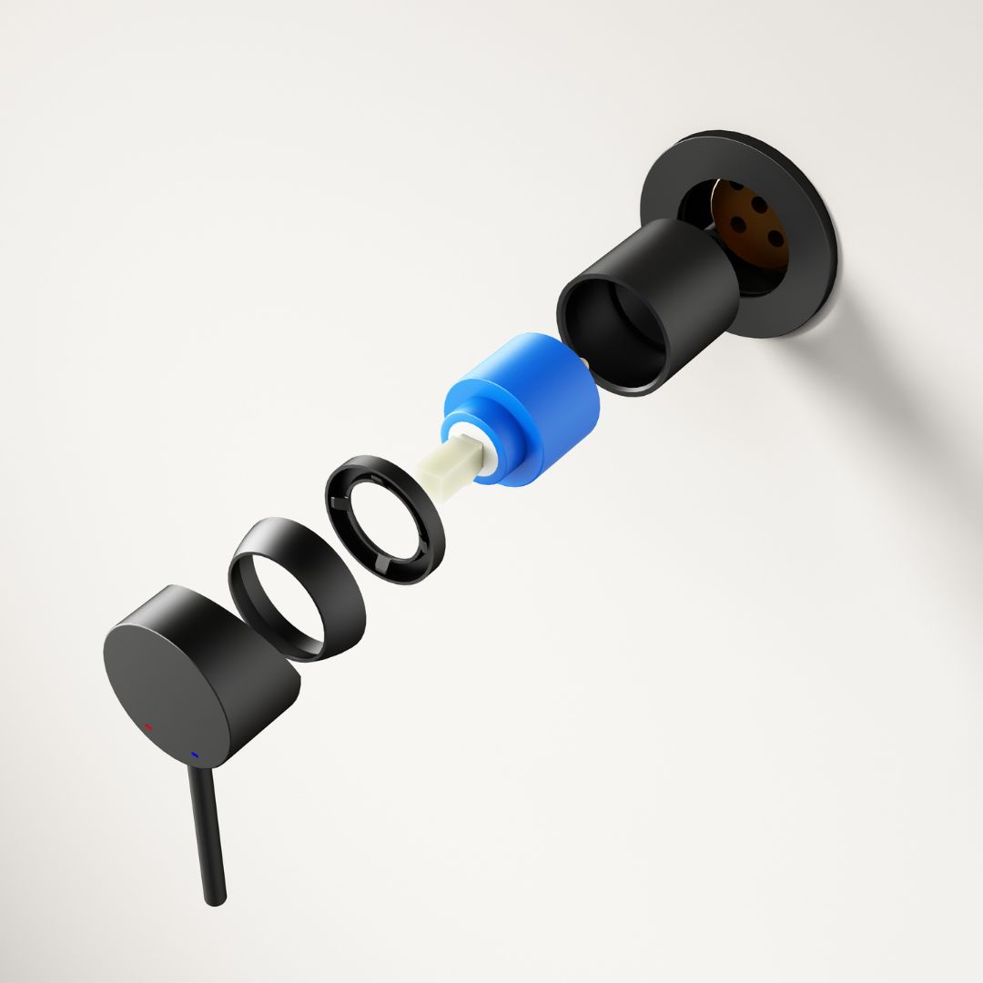 Robinet à bec encastré thermostatique couleur noir mat: Exploded view of a matte black thermostatic built-in faucet, showcasing its internal components.
