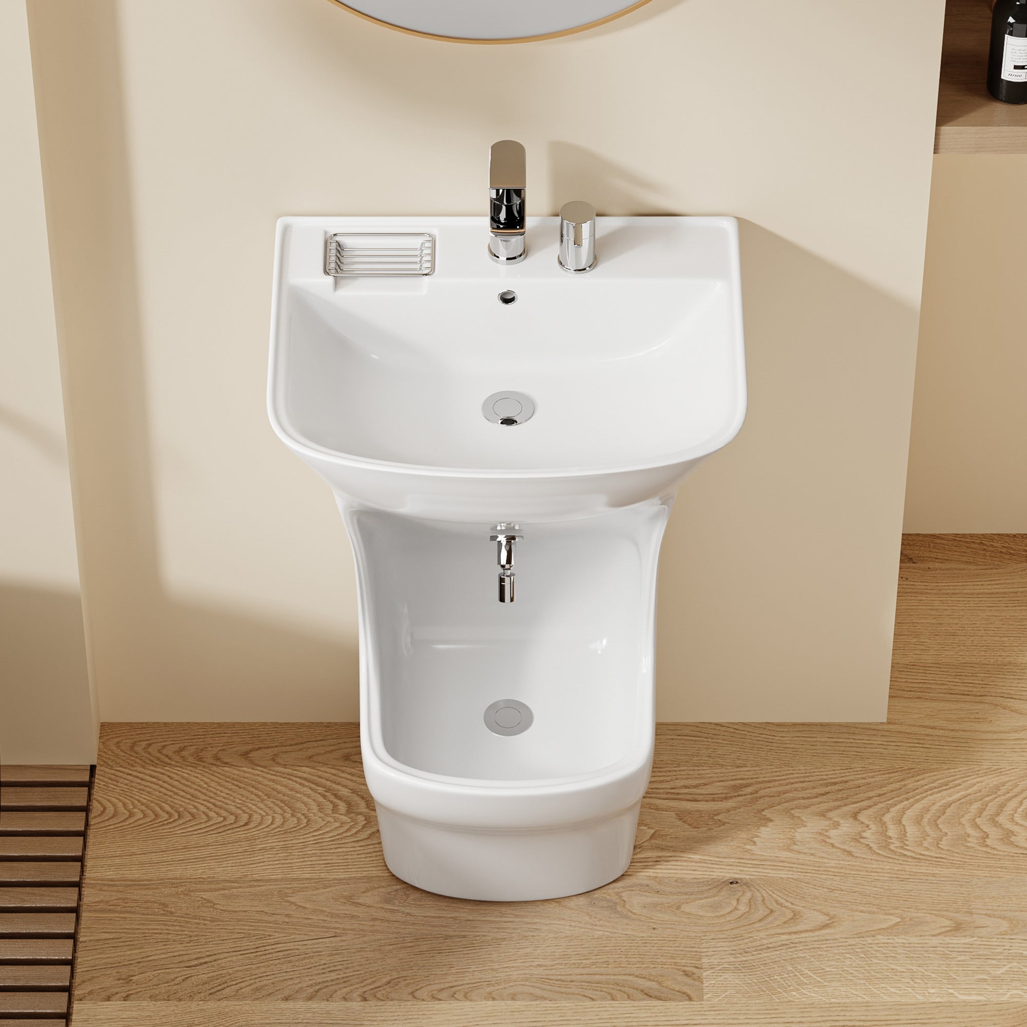 Lavabo d’ablutions Beyrouth en céramique blanche, design arrondi avec porte-savon.