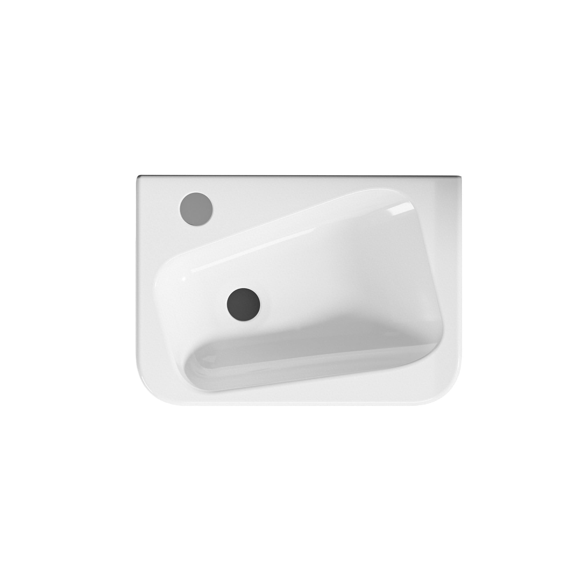 Vasque lave-mains murale asymétrique blanche en céramique, sortie gauche, 36x25.5cm.