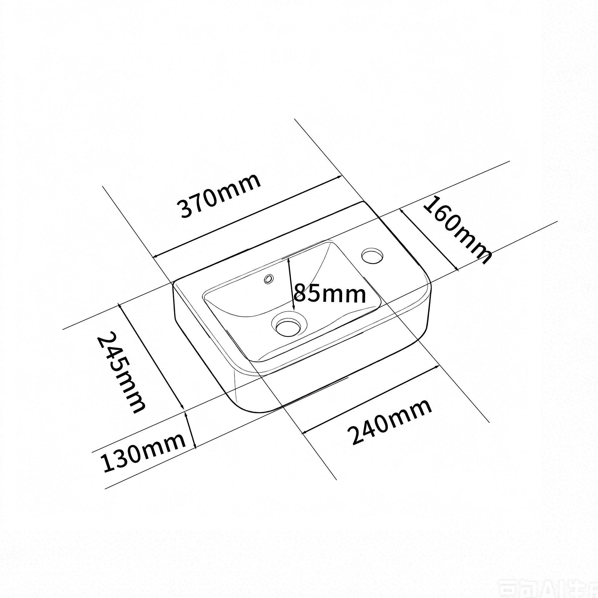 Plan détaillé d'un lavabo mural en céramique blanche avec dimensions 370mm x 245mm.