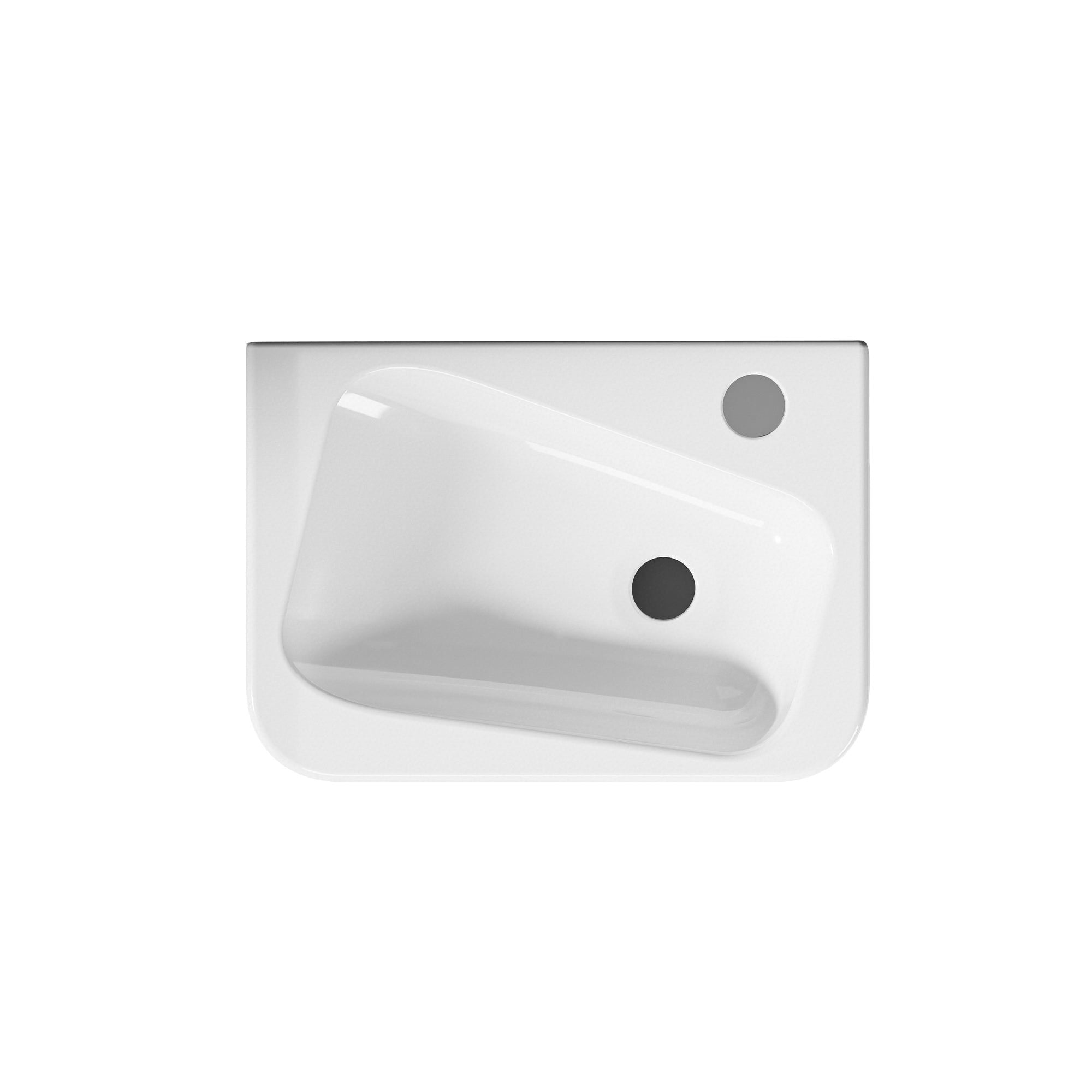 Vase de mains murale blanc en céramique avec sortie droite et design asymétrique.