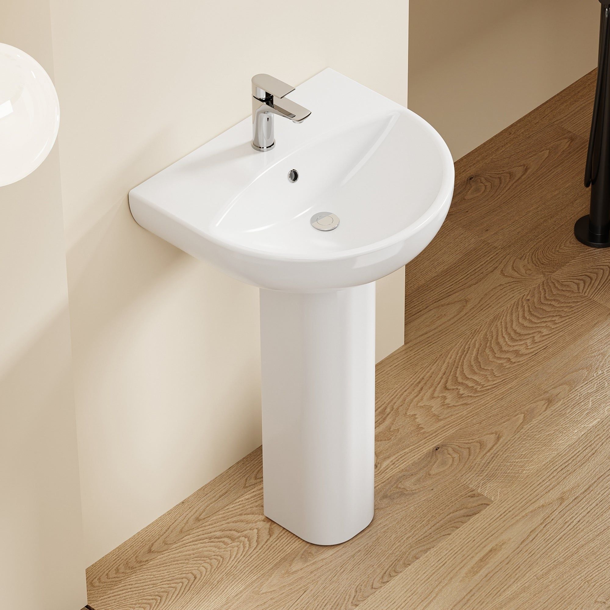 Lavabo sur pied colonne en céramique blanche - design arrondi moderne