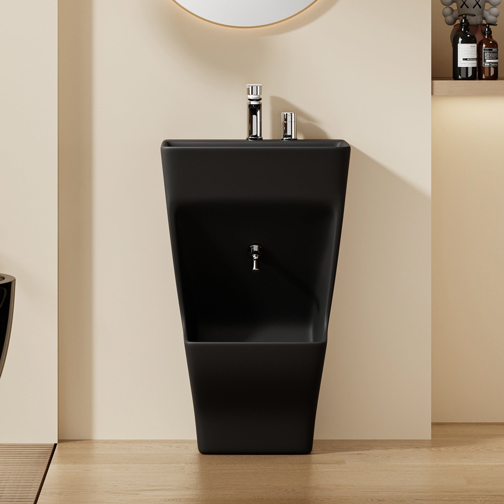 Lavabo d'ablutions Tunis rectangulaire noir moderne avec robinet chromé et étagère murale minimaliste.