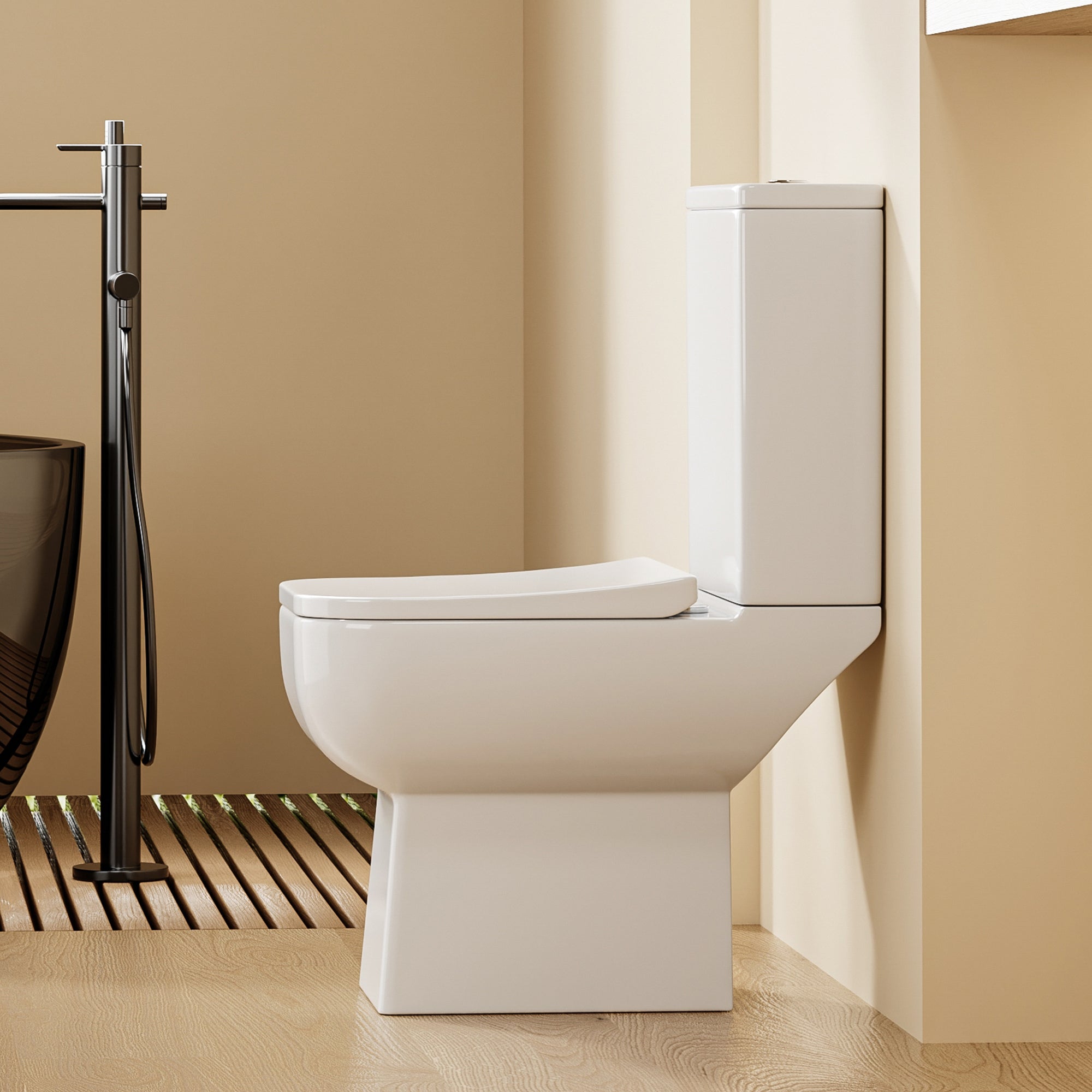 WC à Poser Ultra Compact 55,5 cm BIKIBUS – Design Carré Arrondi – Abattant Soft Close – Sortie Horizontale