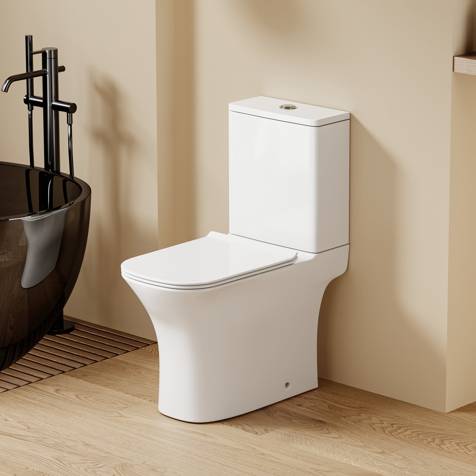 WC à poser sans bride sortie horizontale (63x34x76cm) - Design rectiligne blanc FREKI