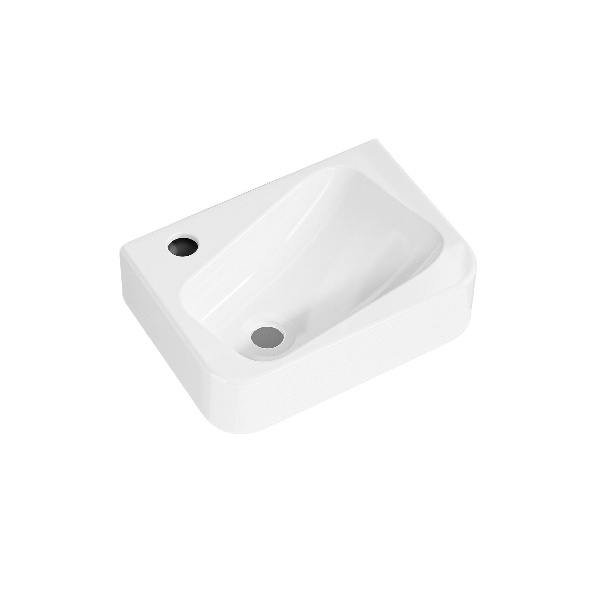 Lave-mains murale asymétrique en céramique blanche avec sortie d'eau sur le côté gauche.