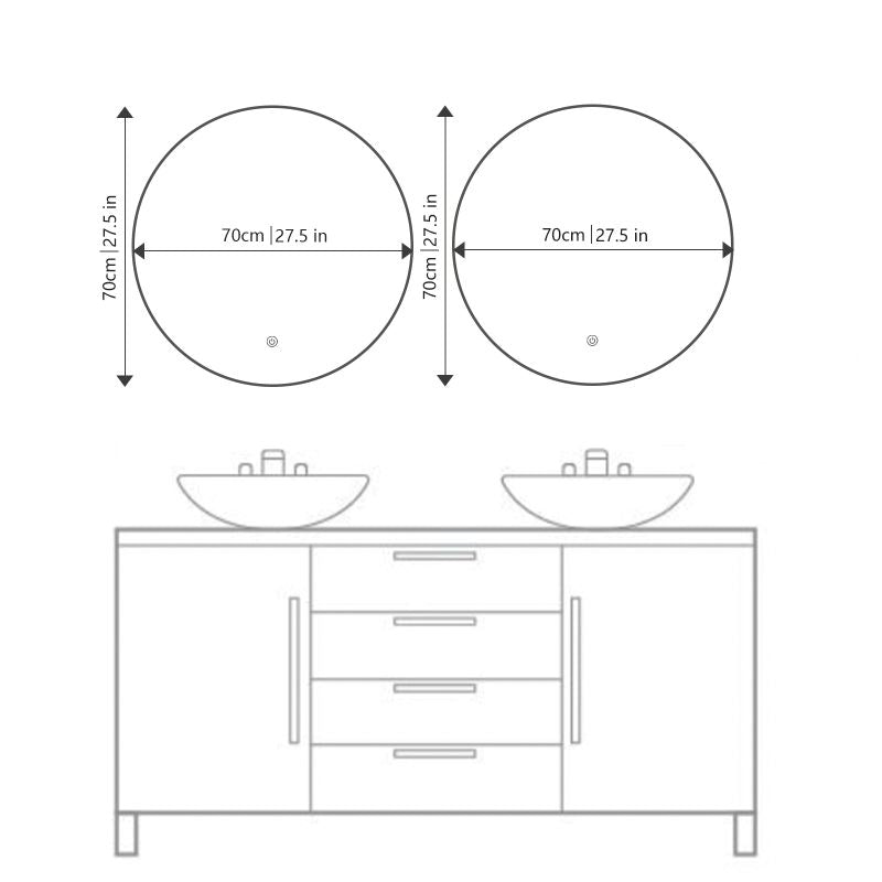 Miroir rond LED avec cadre aluminium noir ⌀70cm : Paire de miroirs ronds LED de 70cm de diamètre avec cadres en aluminium noir, idéal pour meuble de salle de bain.