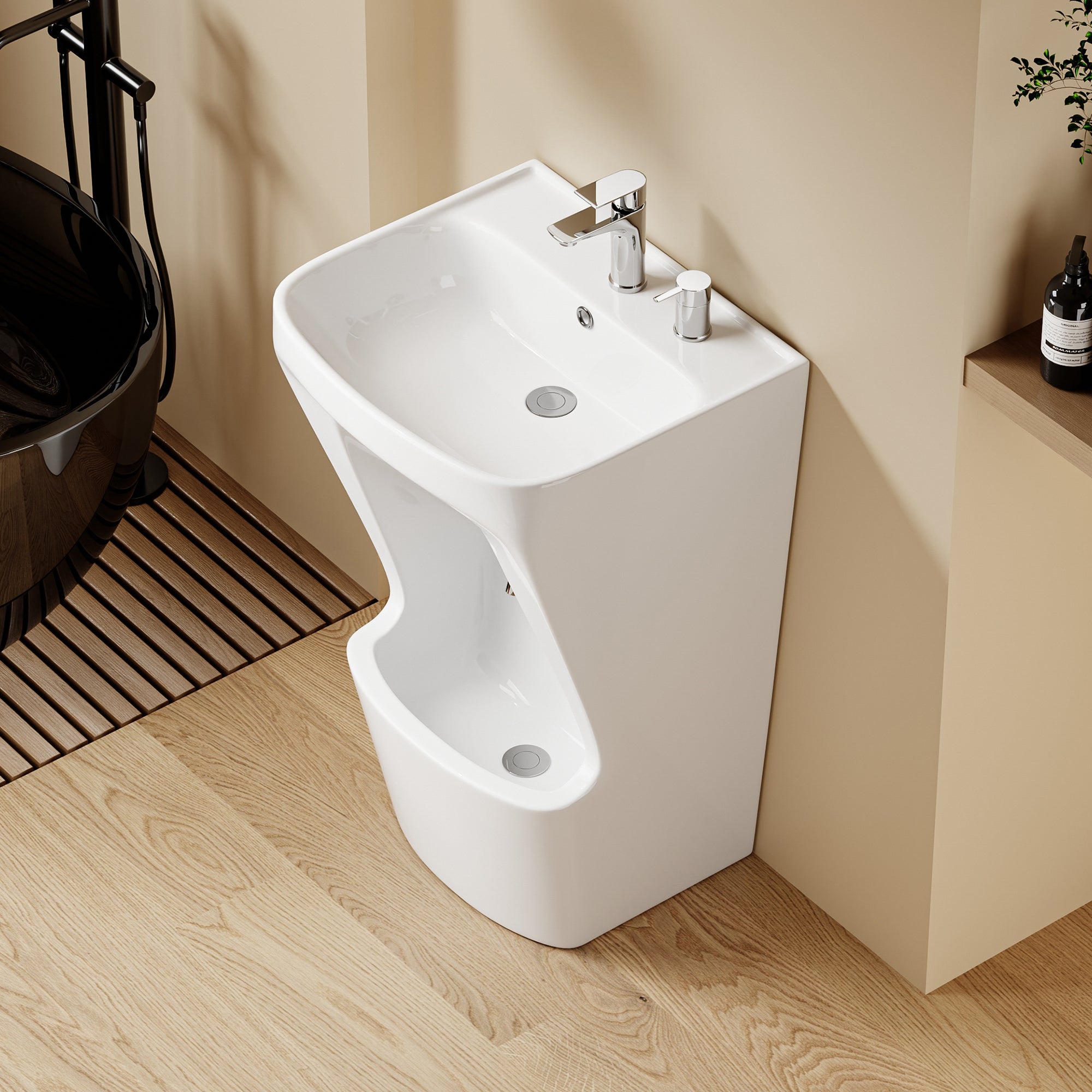 Lavabo d’ablutions GAZA blanc, moderne, double vasque, design incurvé.