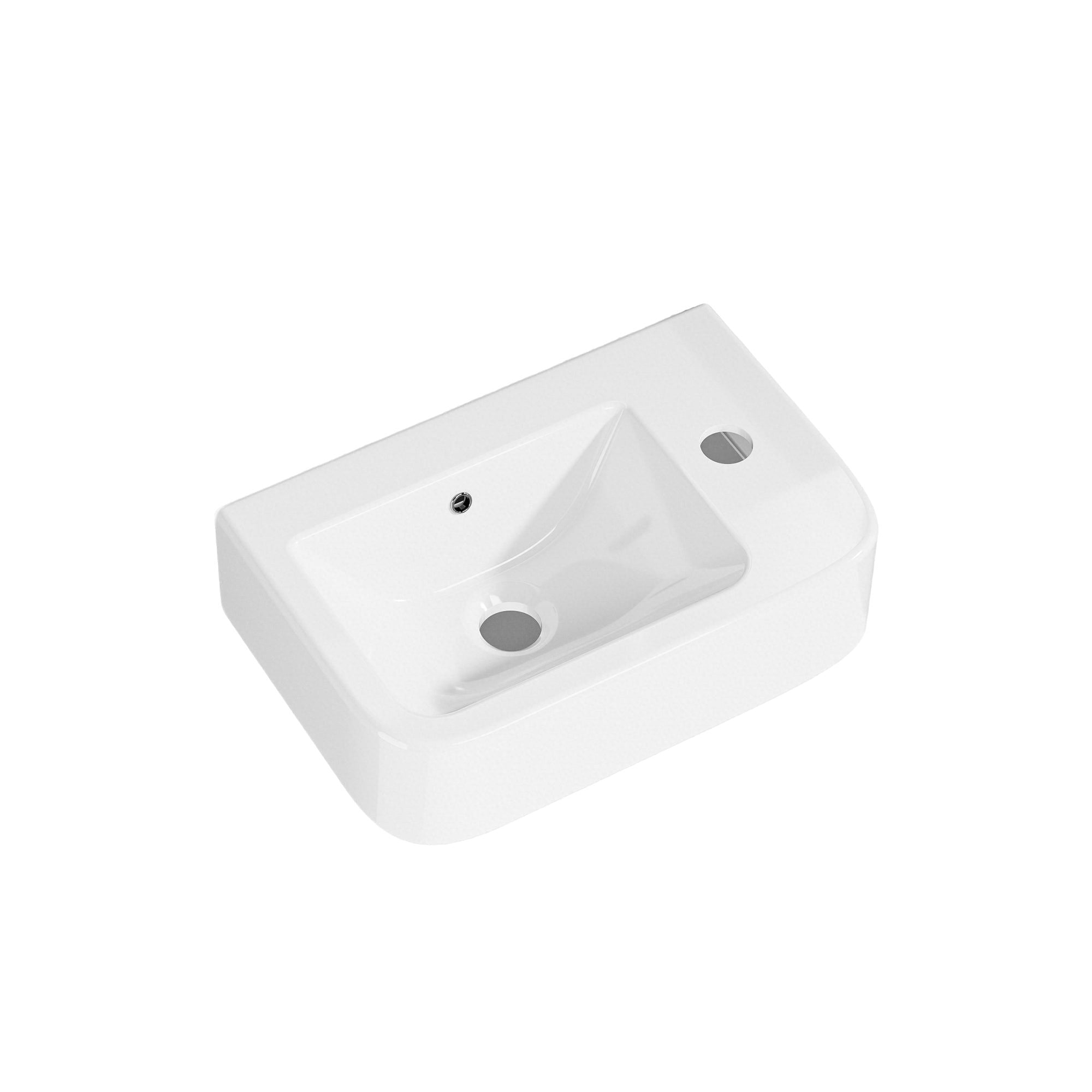 Lave-mains murale compacte en céramique blanche avec évacuation droite.