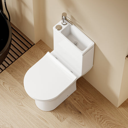 WC à poser blanc avec lave-mains intégré, sortie horizontale, design moderne.