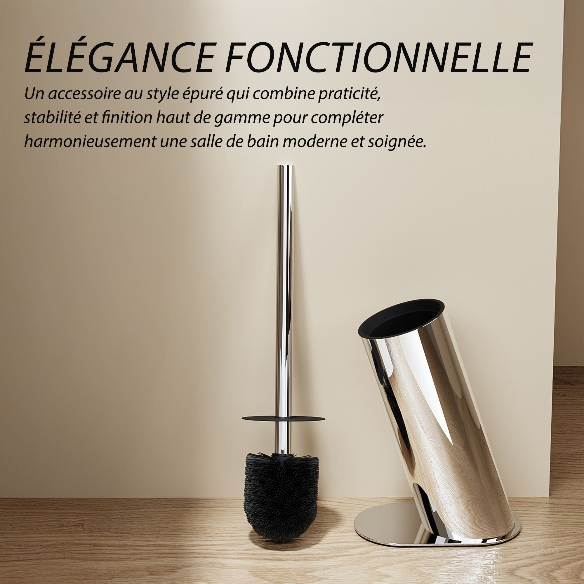 Brosse WC design en acier inoxydable chromé, accessoire de salle de bain moderne