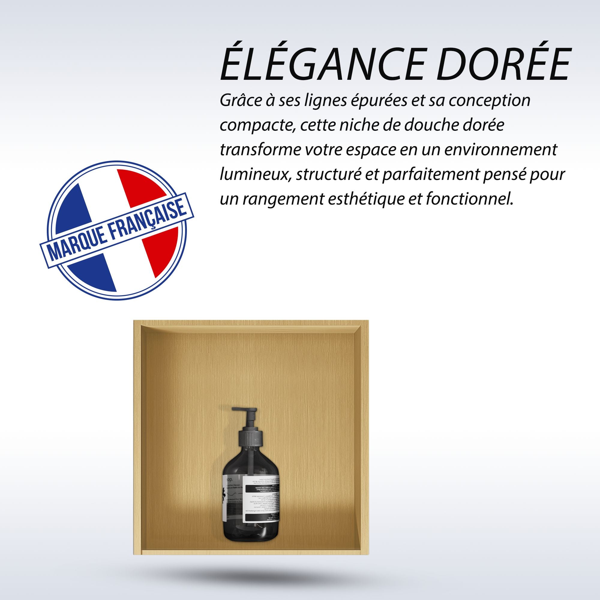Niche de douche carrée dorée 30x30x12 cm, fabrication française