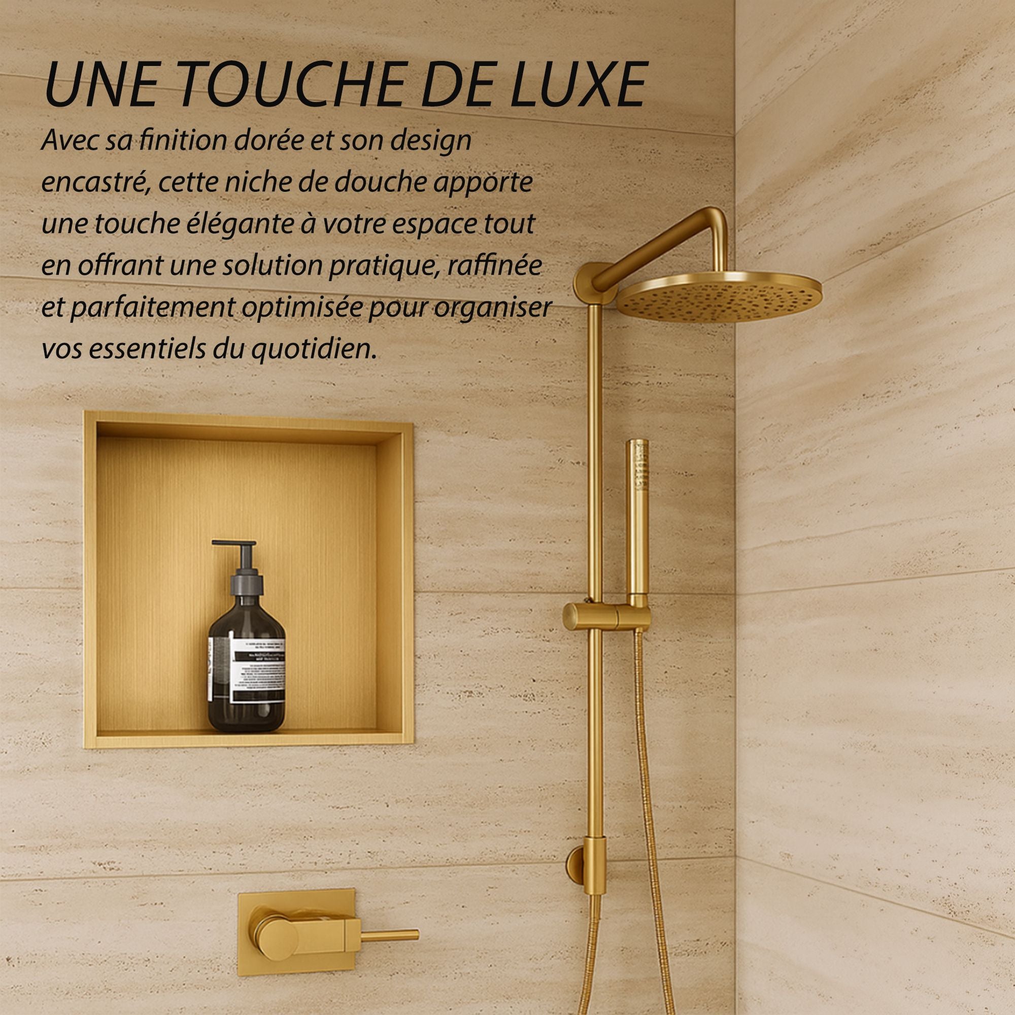 Niche de douche carrée dorée encastrée, finition mate, pour organiser vos essentiels de salle de bain