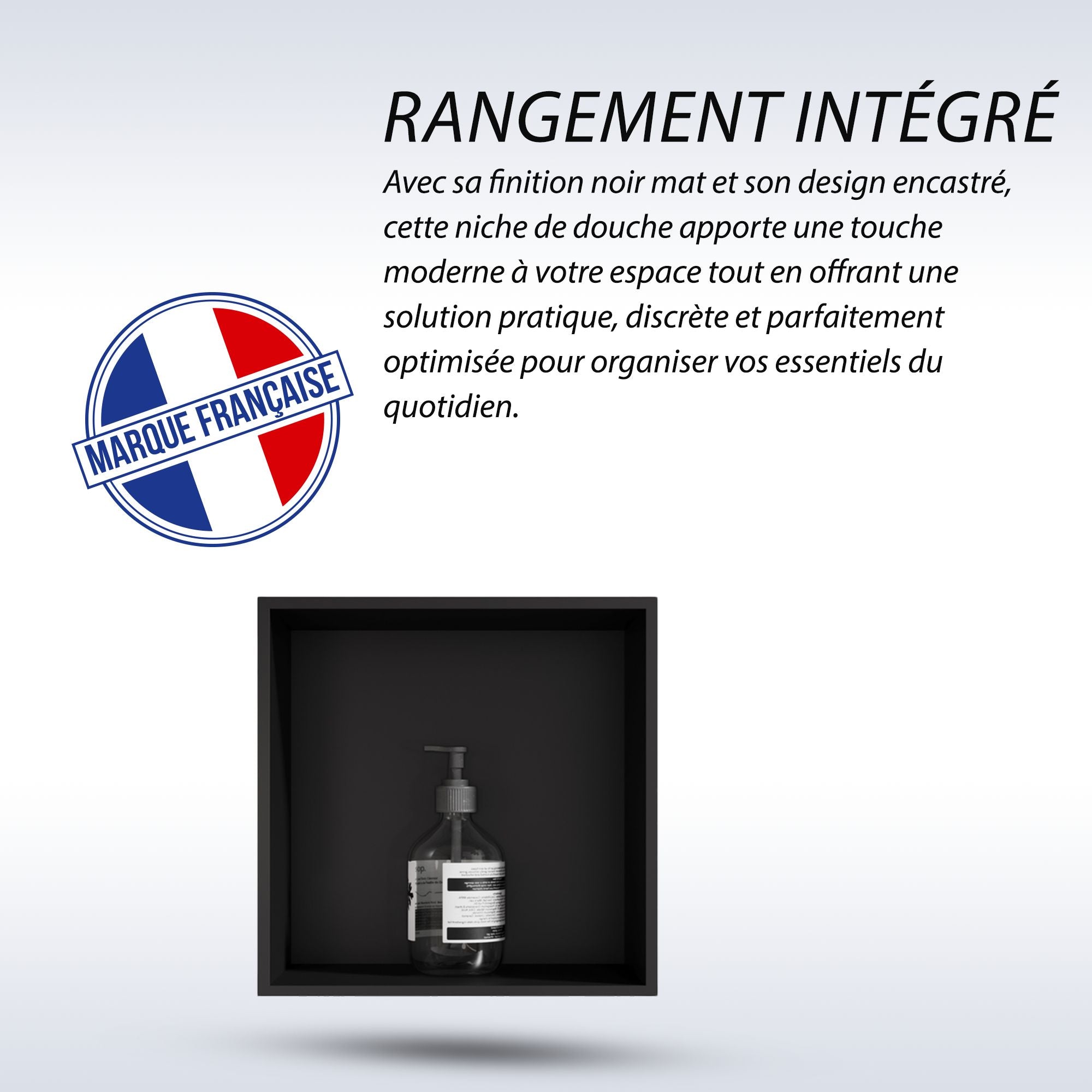Niche de douche carrée noir mat 30x30x12 cm intégrée, finition moderne