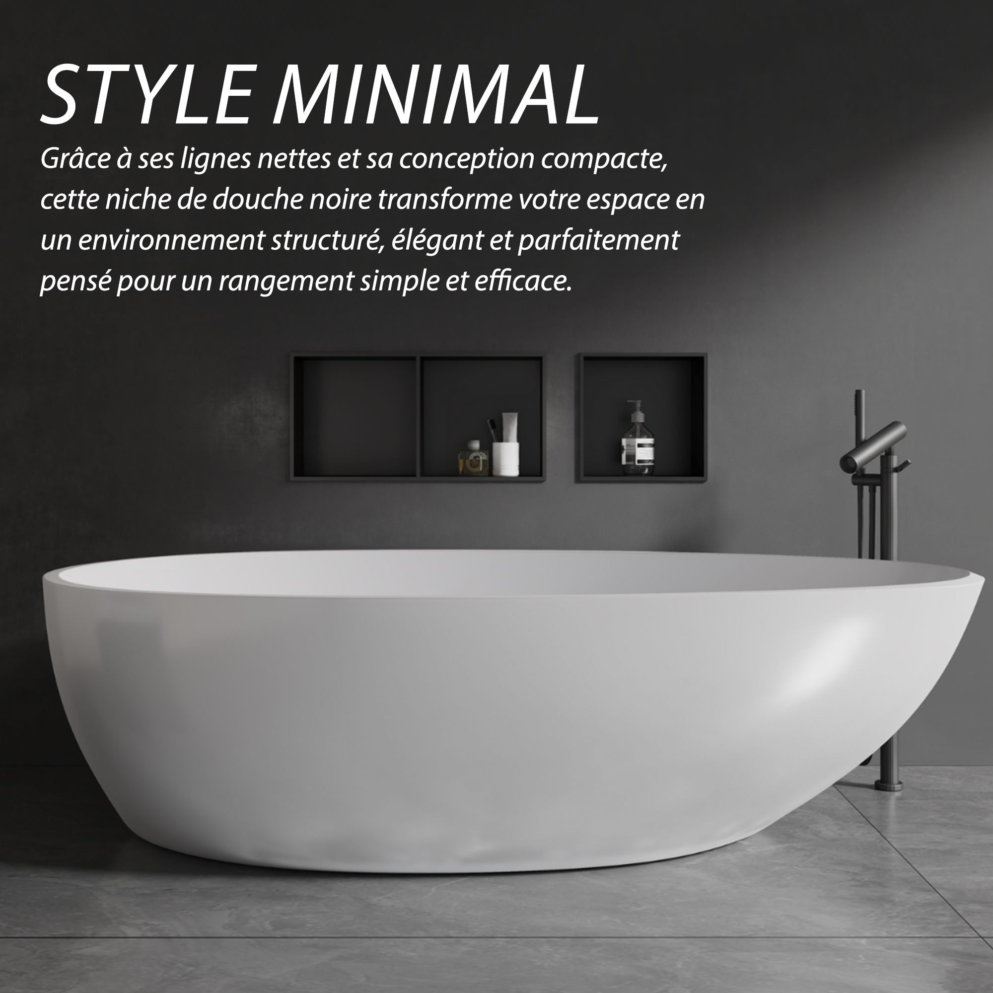 Niche de douche carrée noir mat 30x30x12 cm, design moderne et épuré