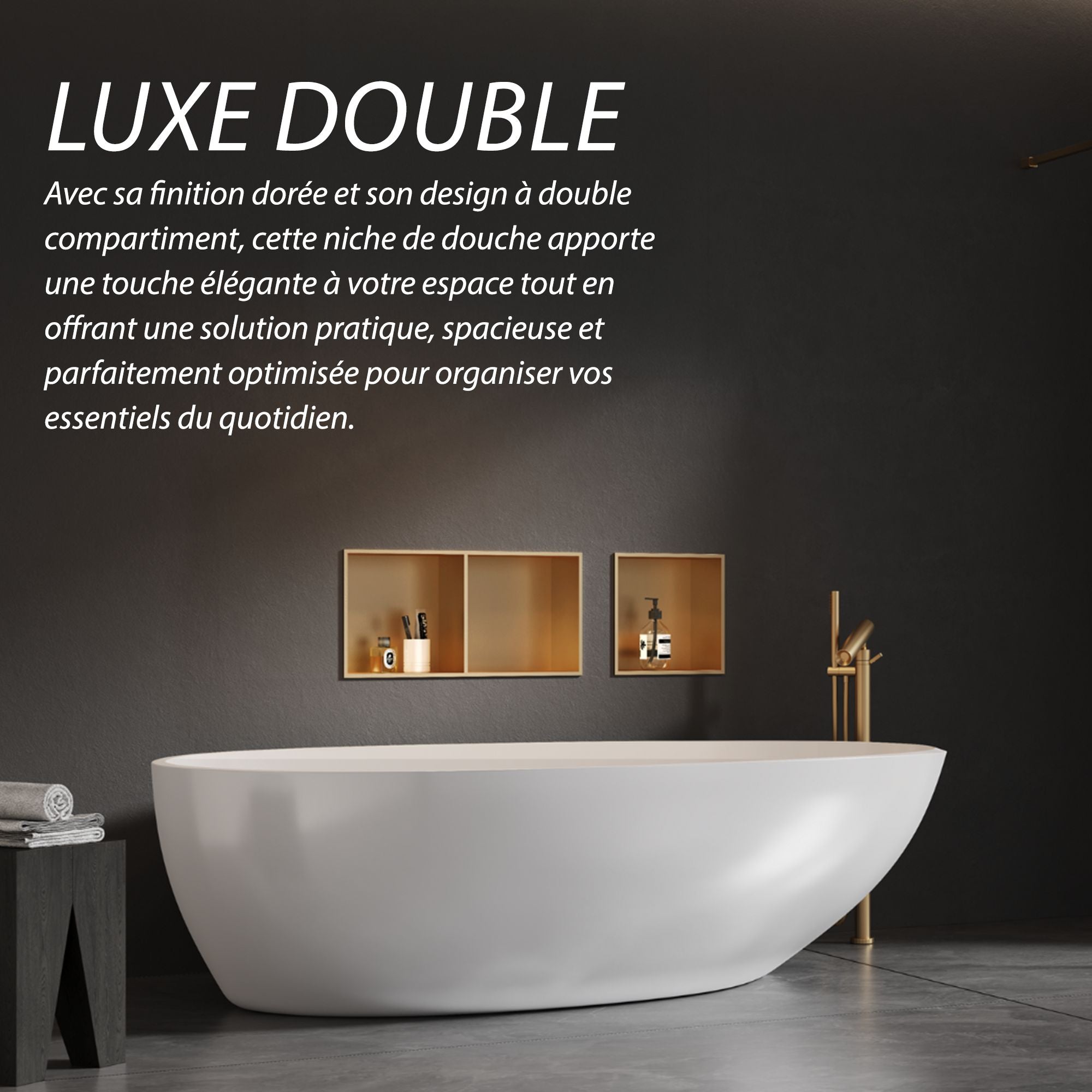 Niche de douche double dorée 60x30x12 cm, solution élégante et pratique pour organiser
