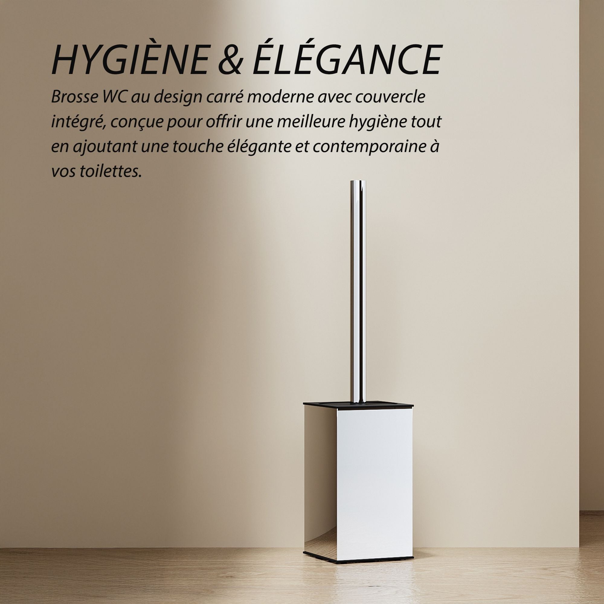 Brosse WC carrée chromée avec couvercle : design moderne, hygiène et élégance pour vos toilettes.