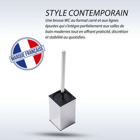 Brosse WC carrée chrome avec couvercle, design moderne et hygiène optimale